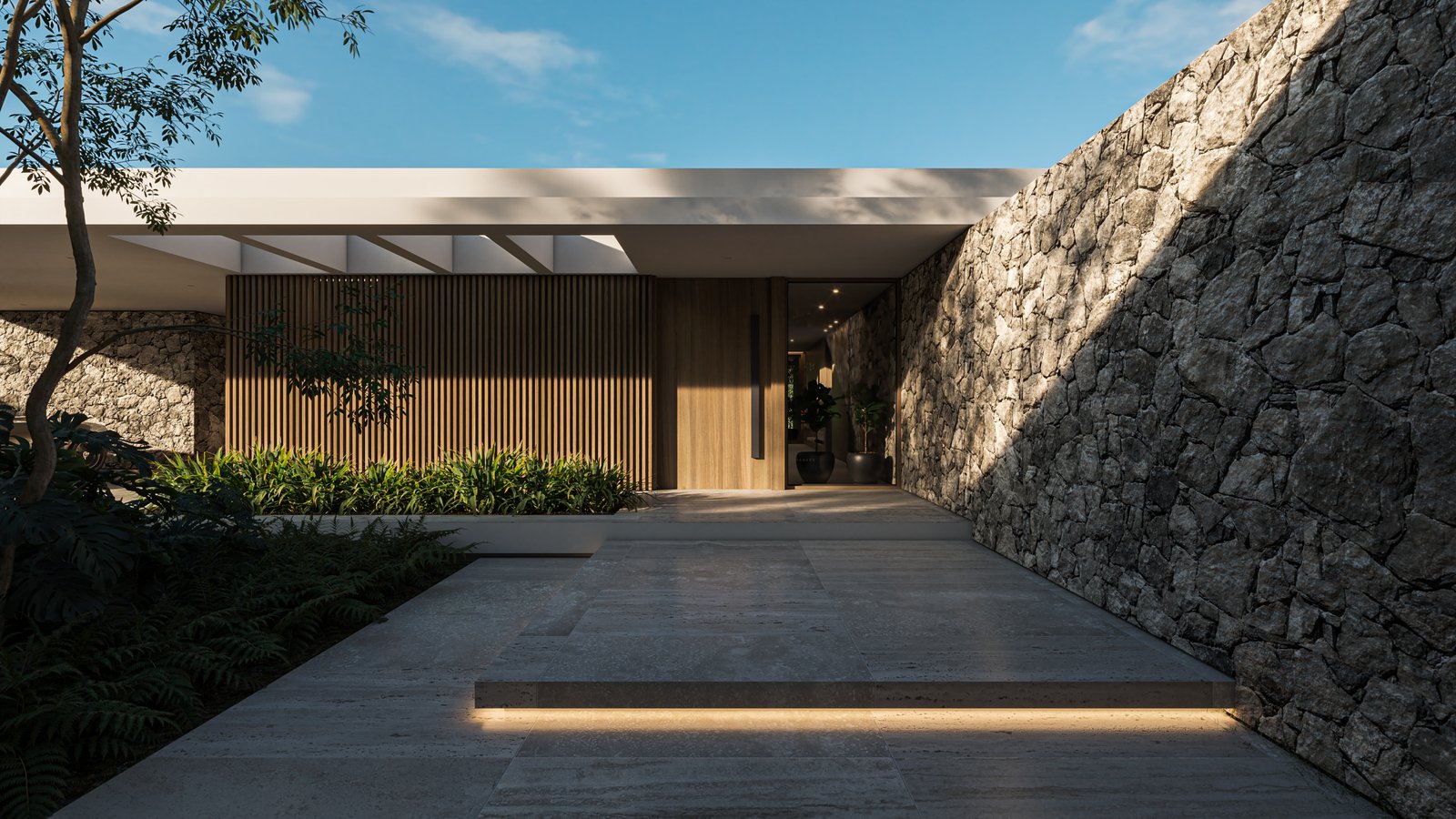 Fachada moderna com muro de pedra e detalhes em madeira — projeto Casa CITY, por Grupo CRBN, em City Bell