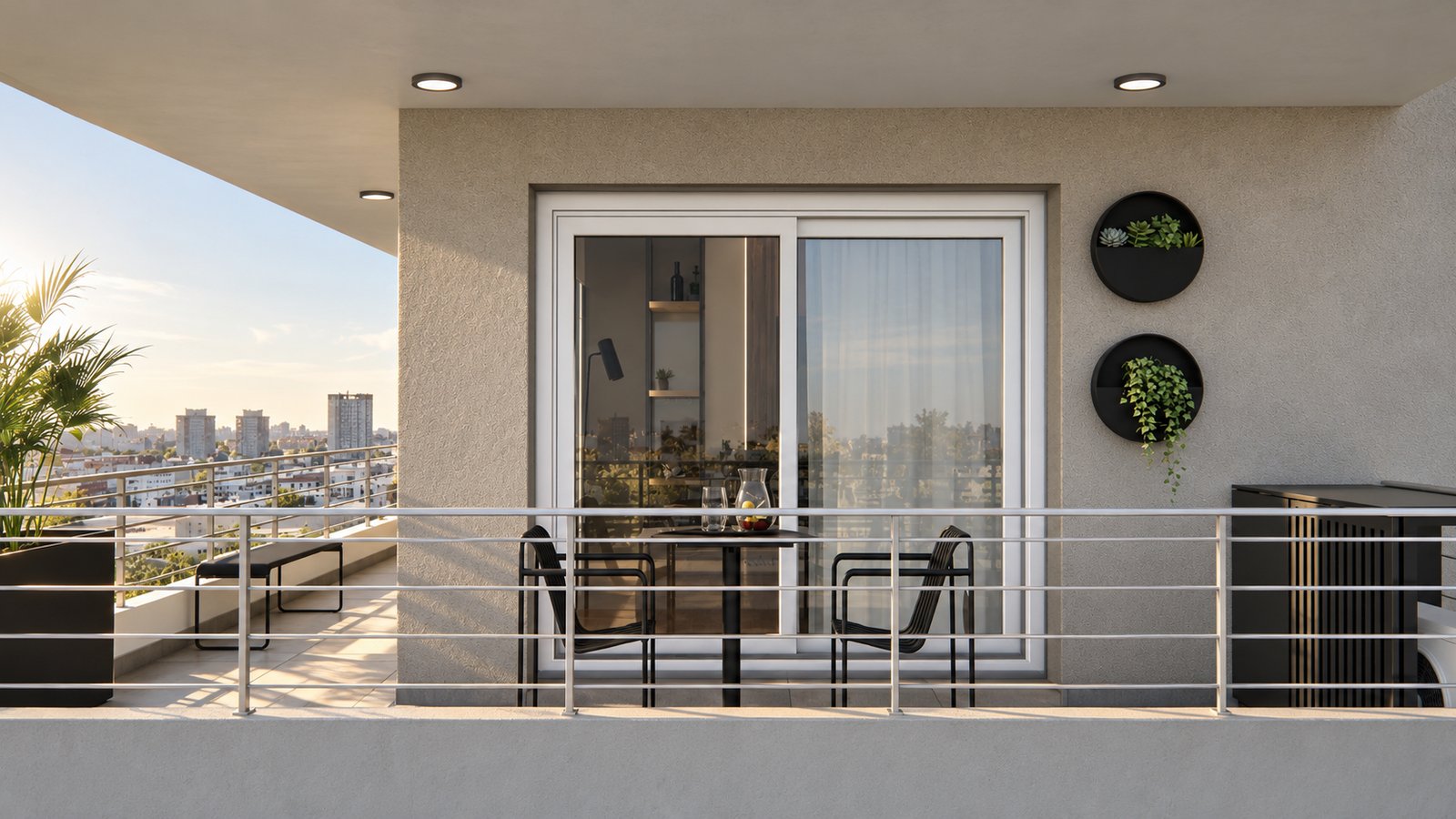 Balcón moderno con vista urbana, mobiliario negro y plantas — proyecto Diseño cálido de departamento, por Mela Deco Design, en Rosario