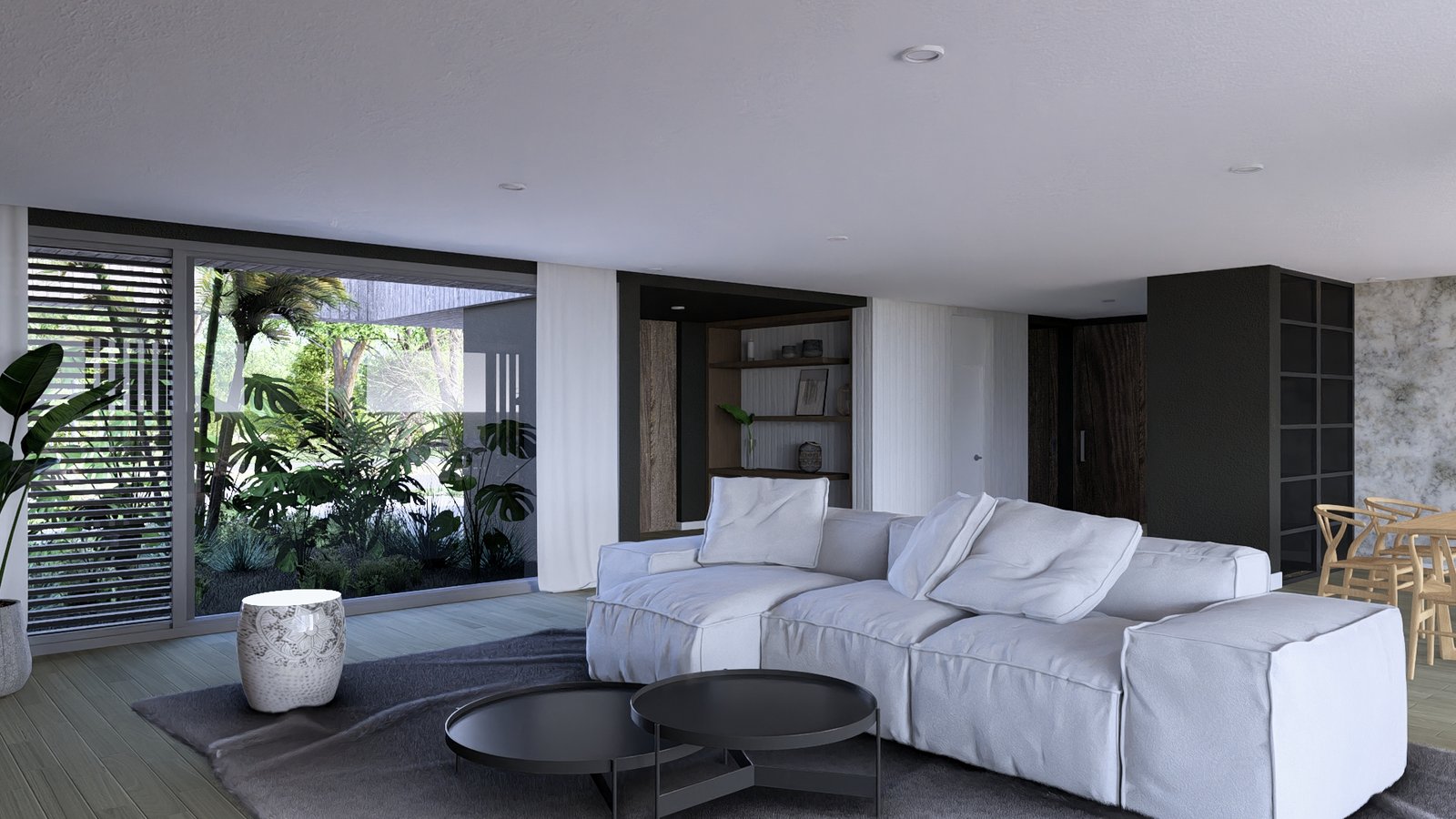 Living moderno con ventanales amplios y vegetación exuberante — proyecto Casa ST, por Hermann Arquitectos, en Av. del Golf 3445