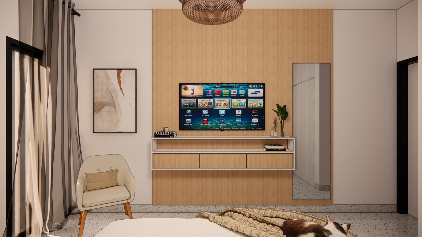 Dormitorio moderno con pared de madera y mueble flotante — proyecto PROYECTO DN, por Todo con A, en X5125 Monte Cristo