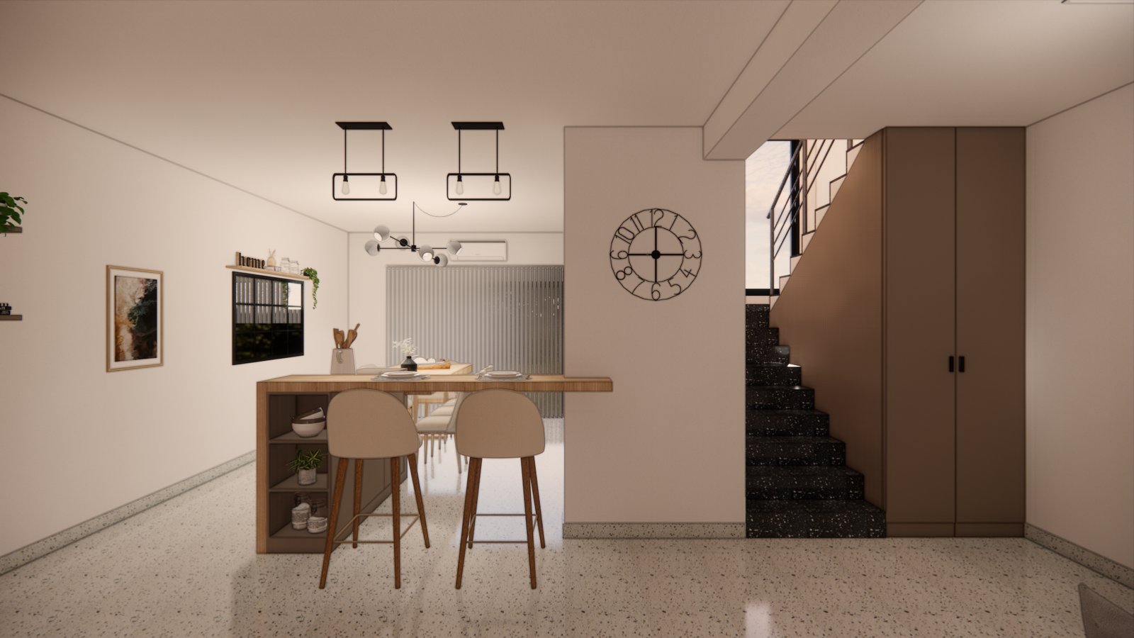 Escalera flotante y barra de desayuno en interior moderno — proyecto PROYECTO MJC, por Todo con A, en X5125 Monte Cristo