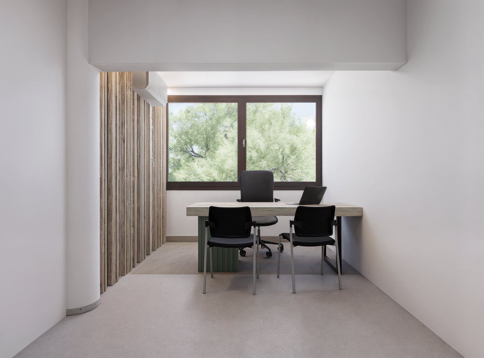 oficina moderna con pared de listones de madera y gran ventanal — proyecto Visualización. Oficinas universitarias, por condor estudio, en Mendoza