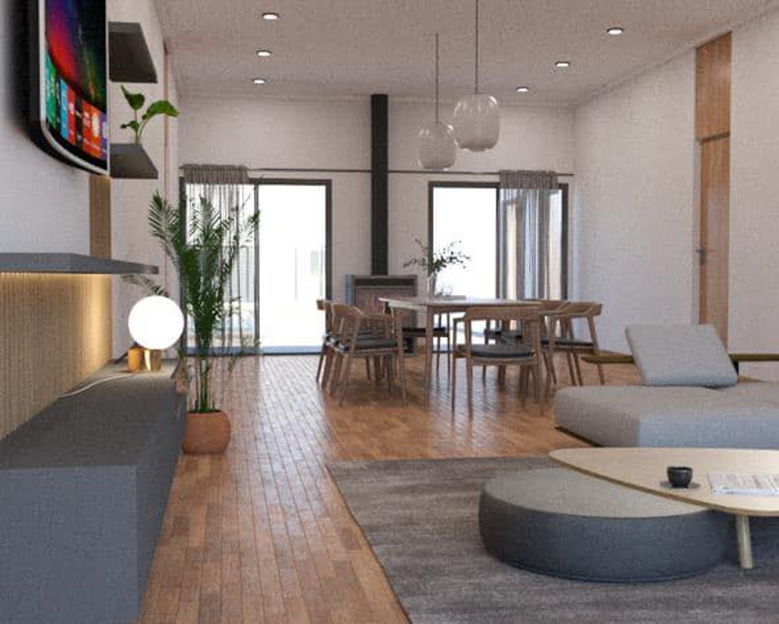 Sala de jantar e estar moderna com painel de madeira — projeto Casa en Country, Corrientes, por Arquitecto Gustavo Maidana, em San Luis del Palmar