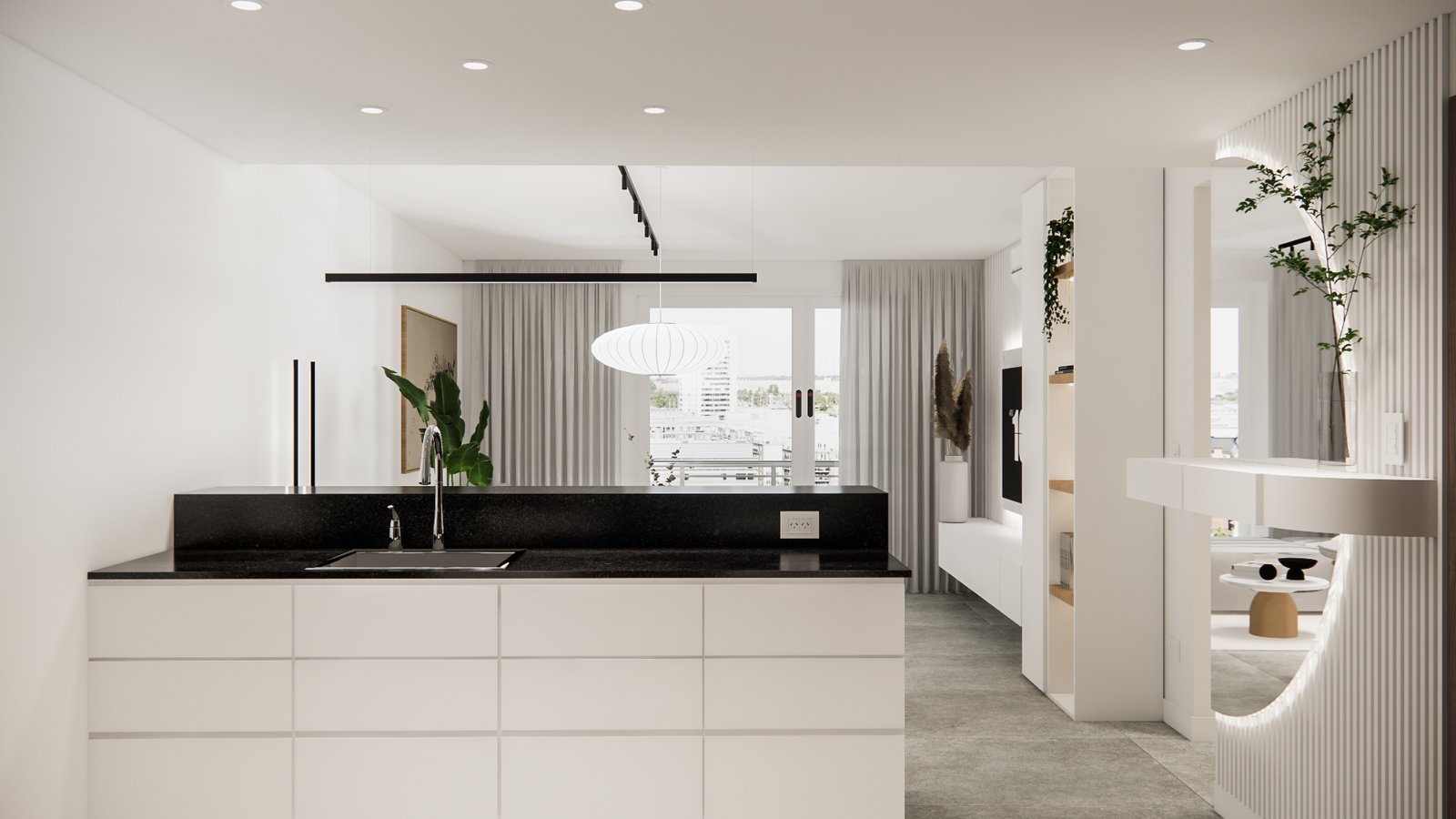 Cocina moderna minimalista integrada a living, con isla y espejo escultural — proyecto Departamento moderno y elegante, por Mela Deco Design, en Buenos Aires