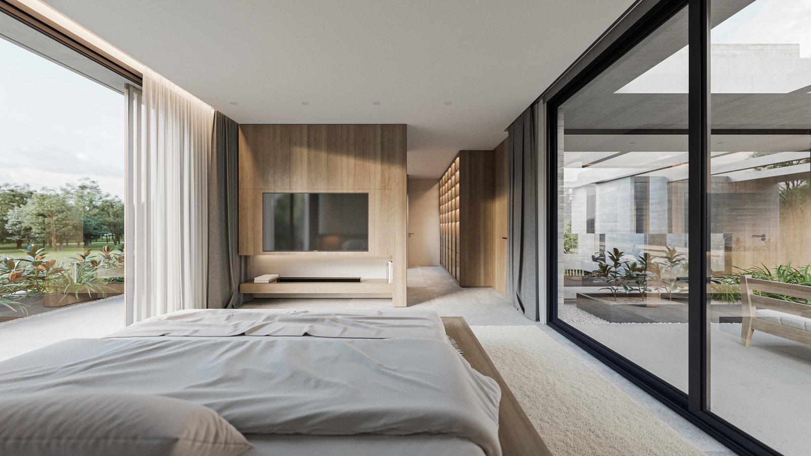 Dormitorio moderno con paredes de madera y ventanales — proyecto Casa BEAT, por Grupo CRBN, en Av. de los Lagos 1815