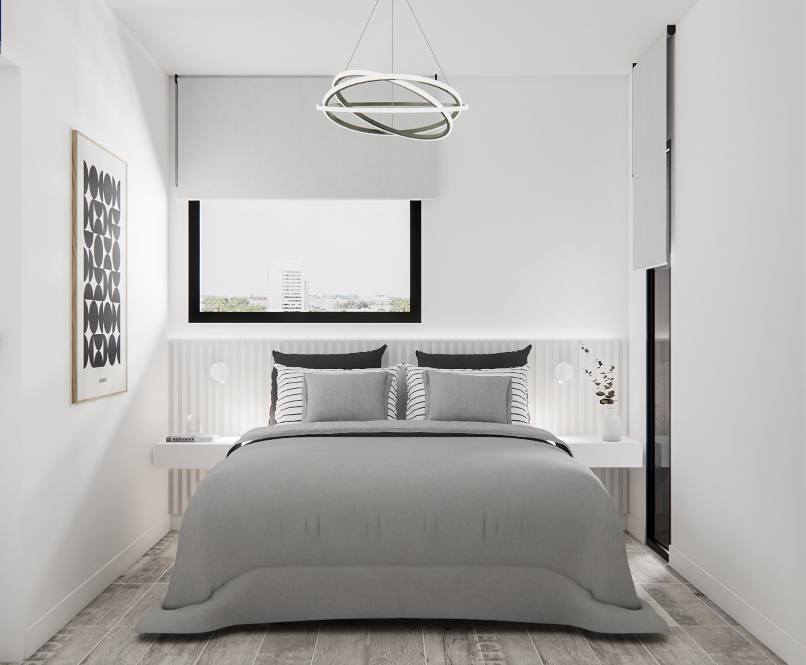 Dormitorio moderno con cama king y lámpara colgante anular — proyecto Diseño de departamento minimalista, por Mela Deco Design, en Buenos Aires