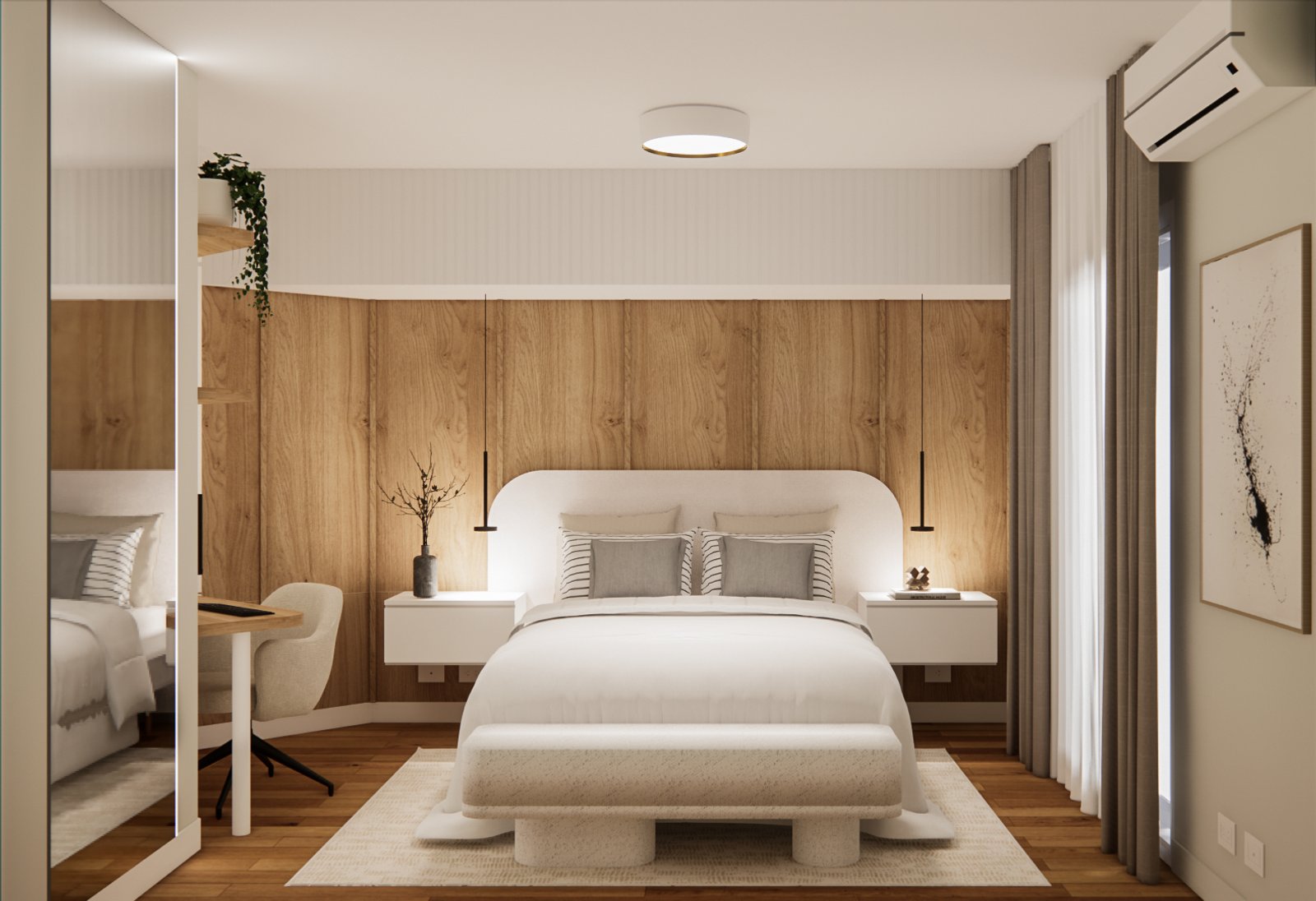 Dormitorio moderno escandinavo con pared de listones de madera — proyecto Diseño de departamento moderno y elegante, por Mela Deco Design, en Buenos Aires