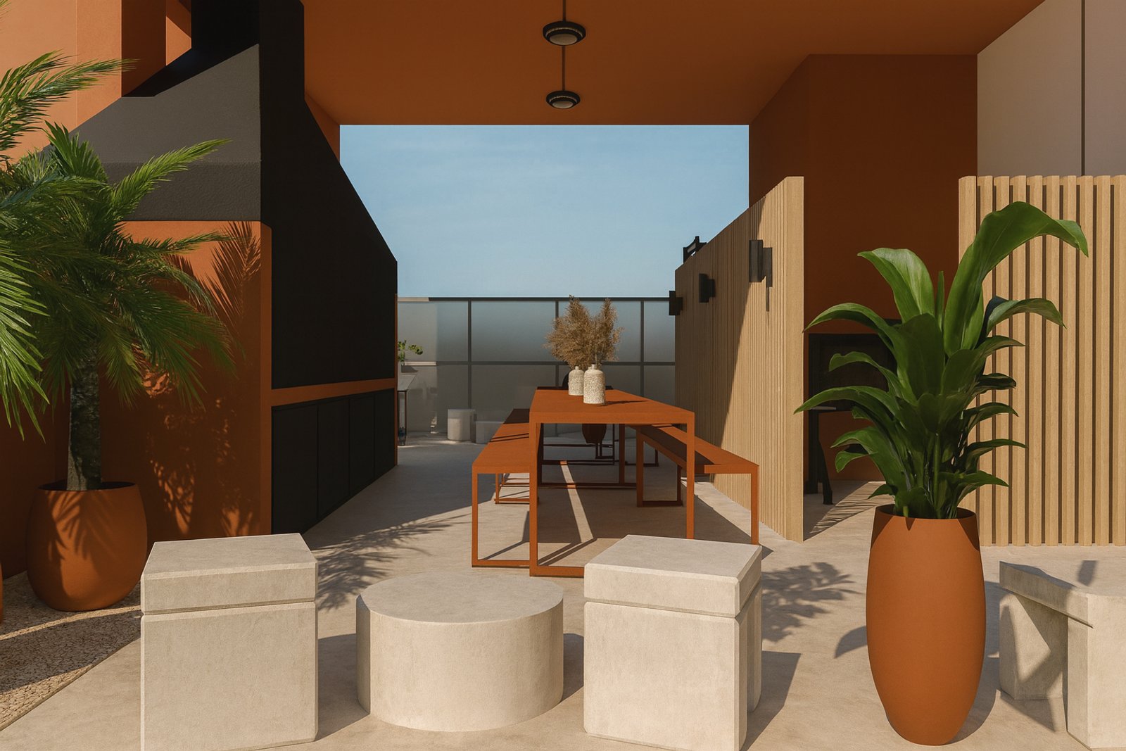 Patio moderno con detalles en ladrillo visto y mobiliario de madera — proyecto Proyecto FABA Federación Bioquímica de la Provincia de Buenos Aires, por ivanadesign.estudio, en La P