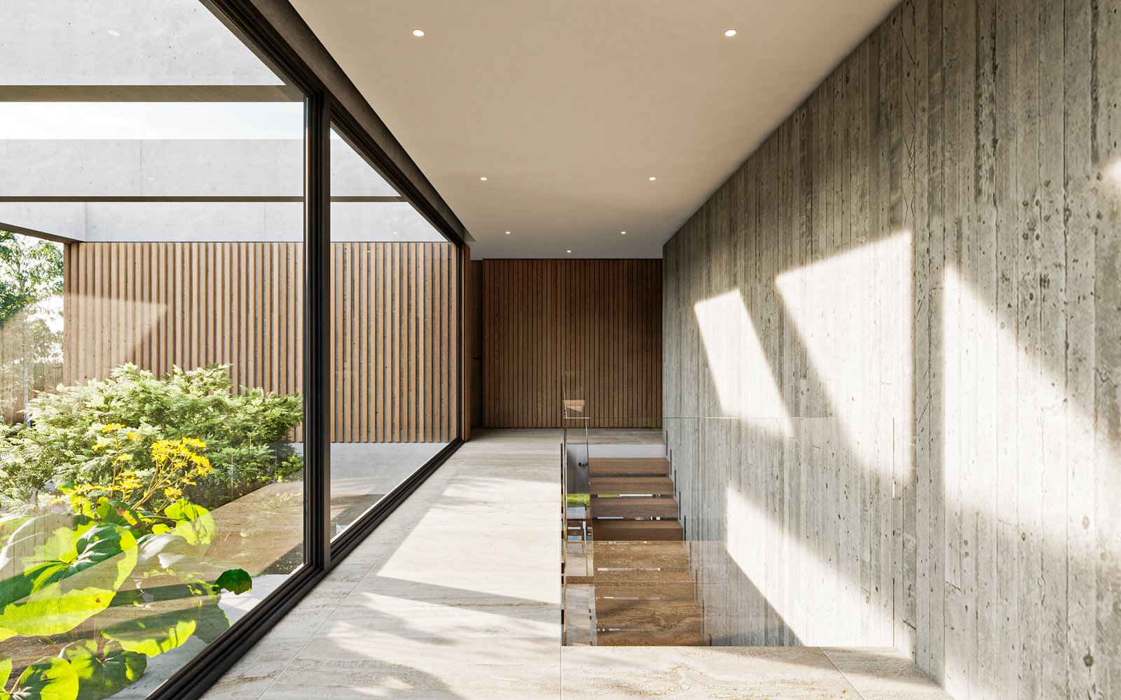 Pasillo moderno con escaleras flotantes y jardín interior — proyecto Casa PUERTOS, por Grupo CRBN, en Provincia de Buenos Aires