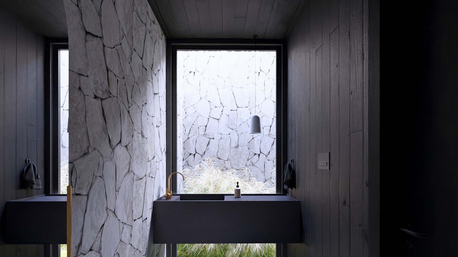 Baño moderno con pared de piedra, ventana grande y vanitory flotante — proyecto Casa AT , por Hermann Arquitectos, en Av. de los Lagos