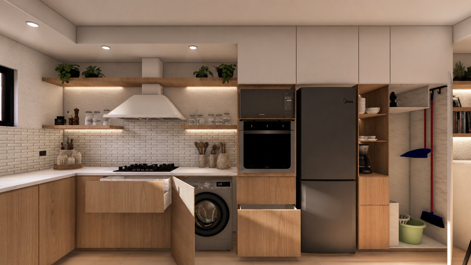 Cozinha moderna escandinava com armários de madeira clara e eletrodomésticos embutidos — projeto Cocina Ann01, por Ss.arq, em Manantiales