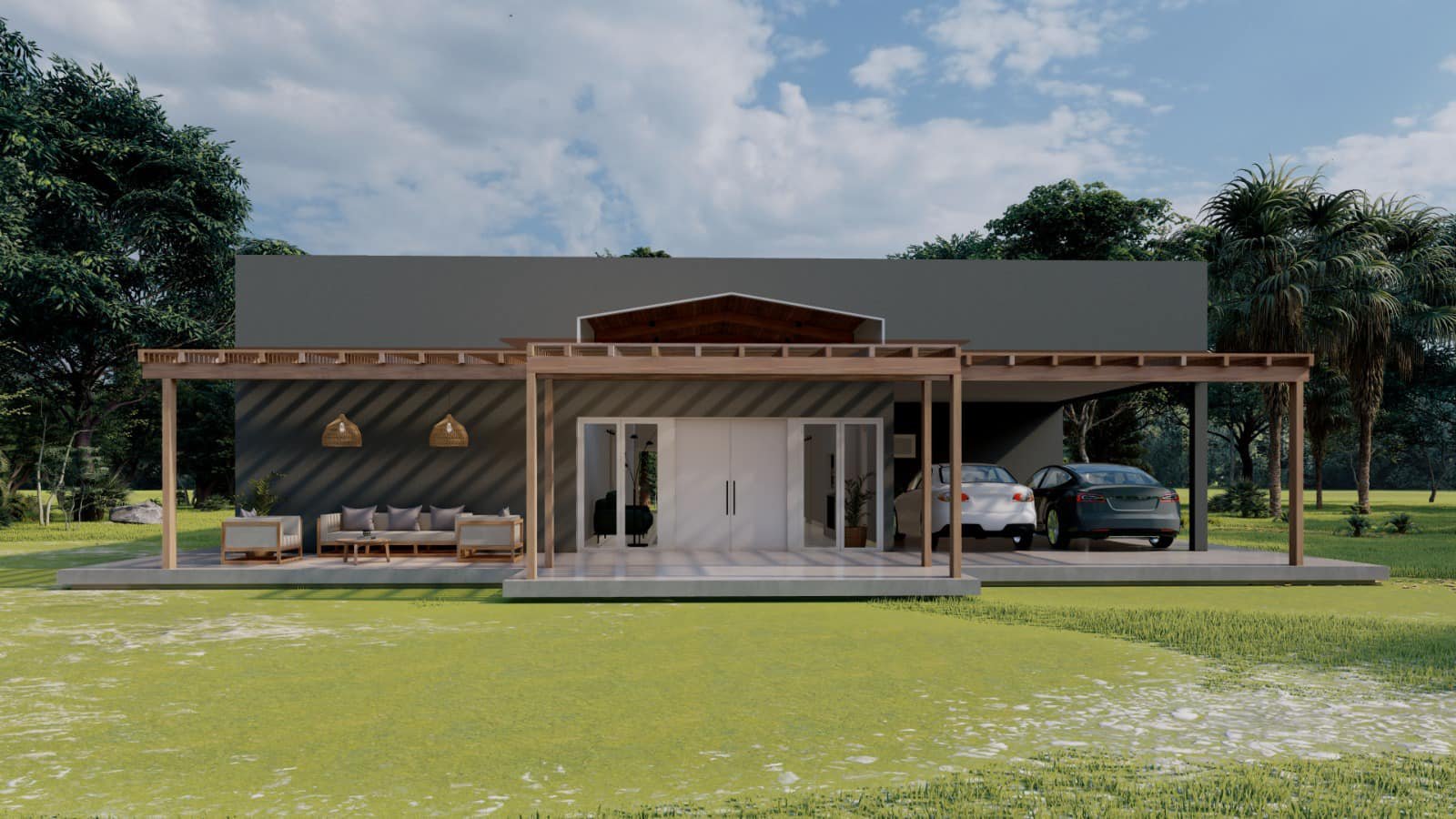 Fachada moderna de casa de una planta con patio y pérgola — proyecto Casa de Campo, por Arquitecto Gustavo Maidana, en Col. Santa Rosa