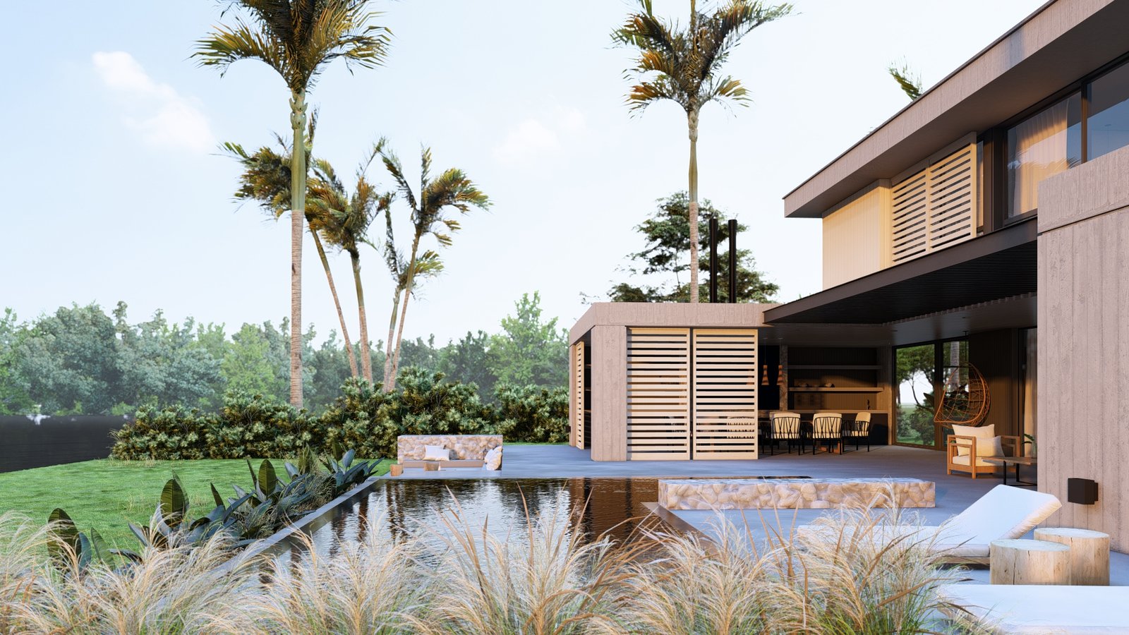 Casa moderna con piscina infinita y deck de madera y piedra — proyecto Casa BF, por Hermann Arquitectos, en Nordelta