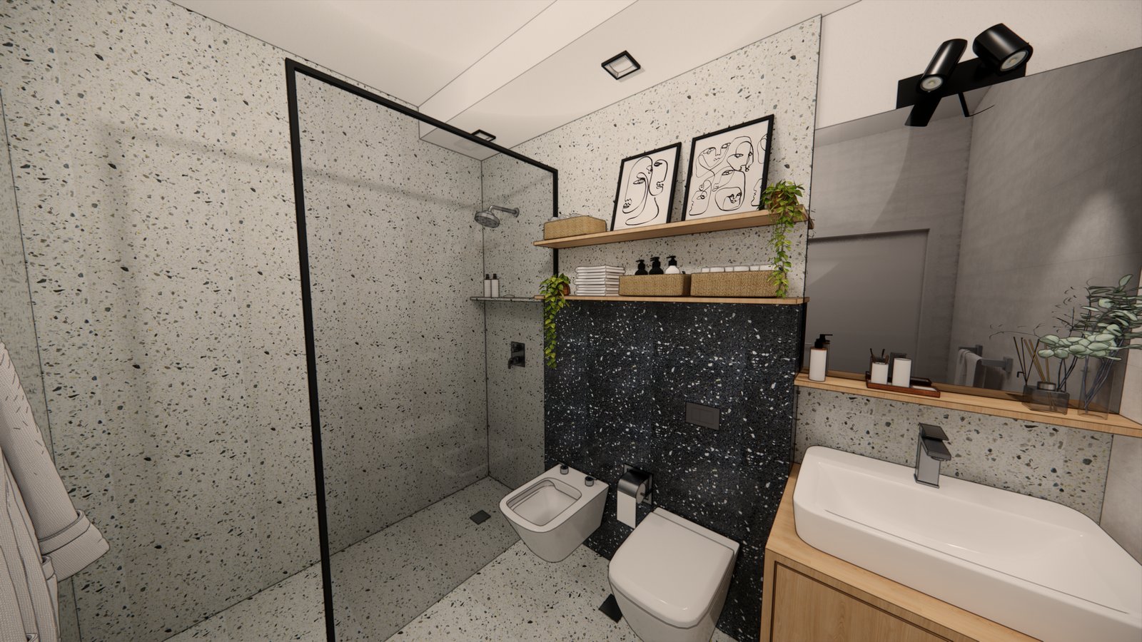 Baño moderno con paredes de terrazo y detalles oscuros — proyecto PROYECTO BM, por Todo con A, en X5125 Monte Cristo