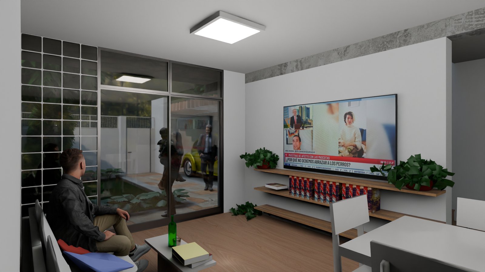Sala de estar moderna con estanterías integradas y plantas — proyecto Beta, por Estudio de Arquitectura Mariano José Cerutti., en Santa Fe Province