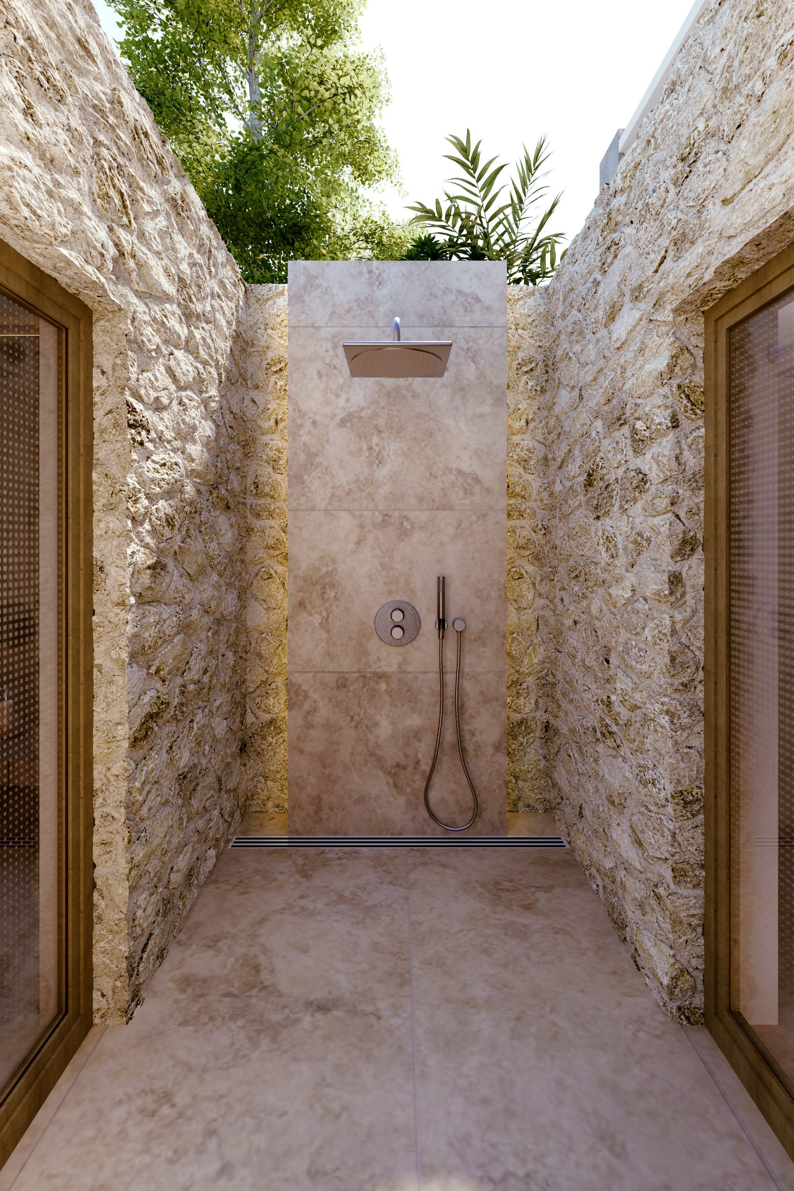 Ducha exterior rústica con paredes de piedra y luz integrada — proyecto Casa SC464, por EZ architects, en La Garza