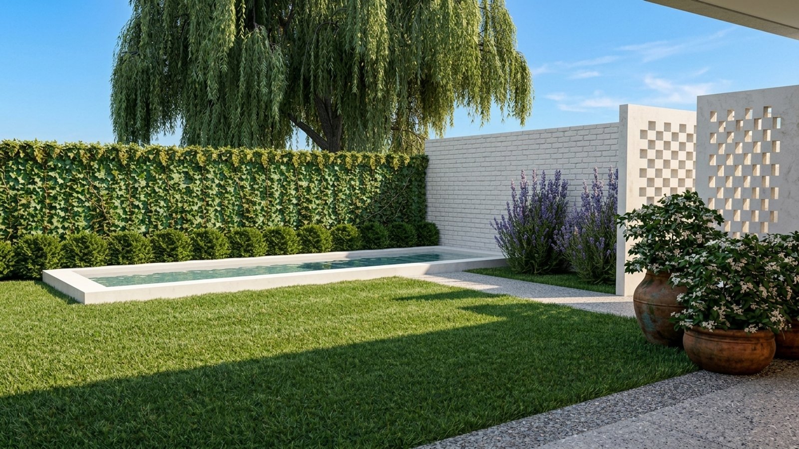 Área de piscina moderna con pared verde y palmera — proyecto Jardín con estilo mediterraneo, por LM arquitecta+paisajista, en Río Tercero