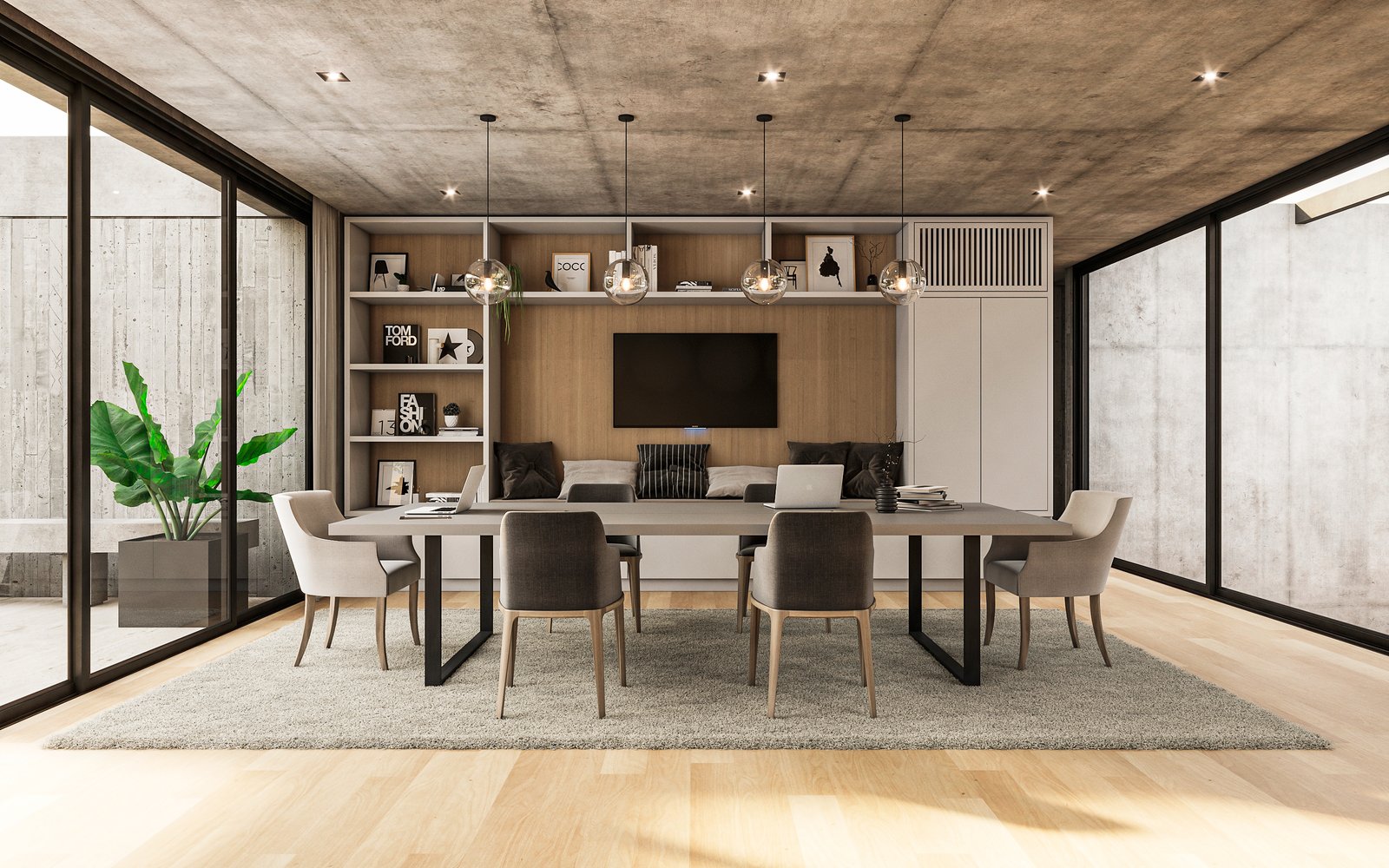 Oficina moderna con comedor, concreto, madera y grandes ventanales — proyecto Casa MITO, por Grupo CRBN, en Ituzaingó