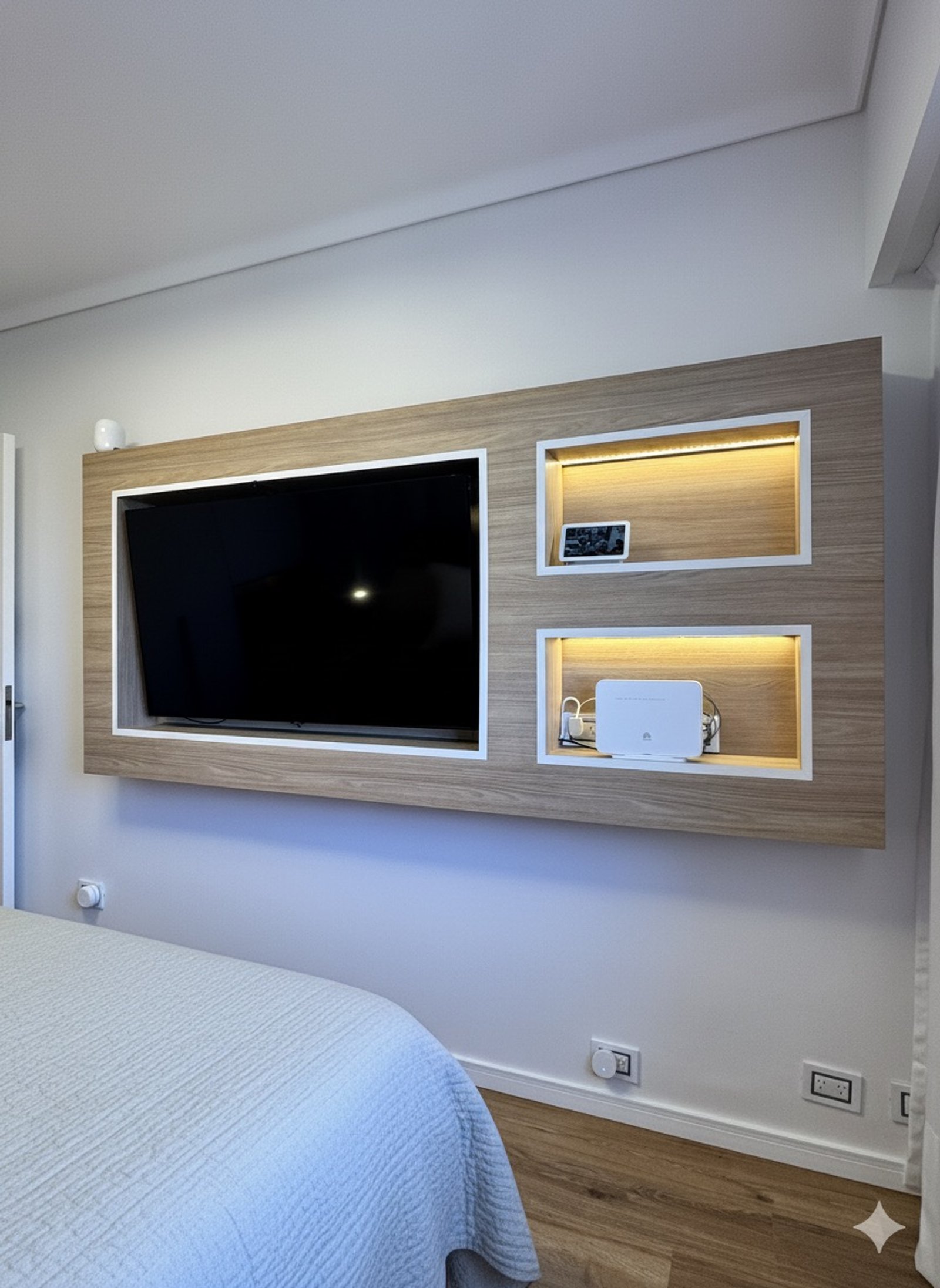 quarto moderno com TV embutida e nichos iluminados — projeto Libertador II, por MDBK Arquitectura, em Núñez