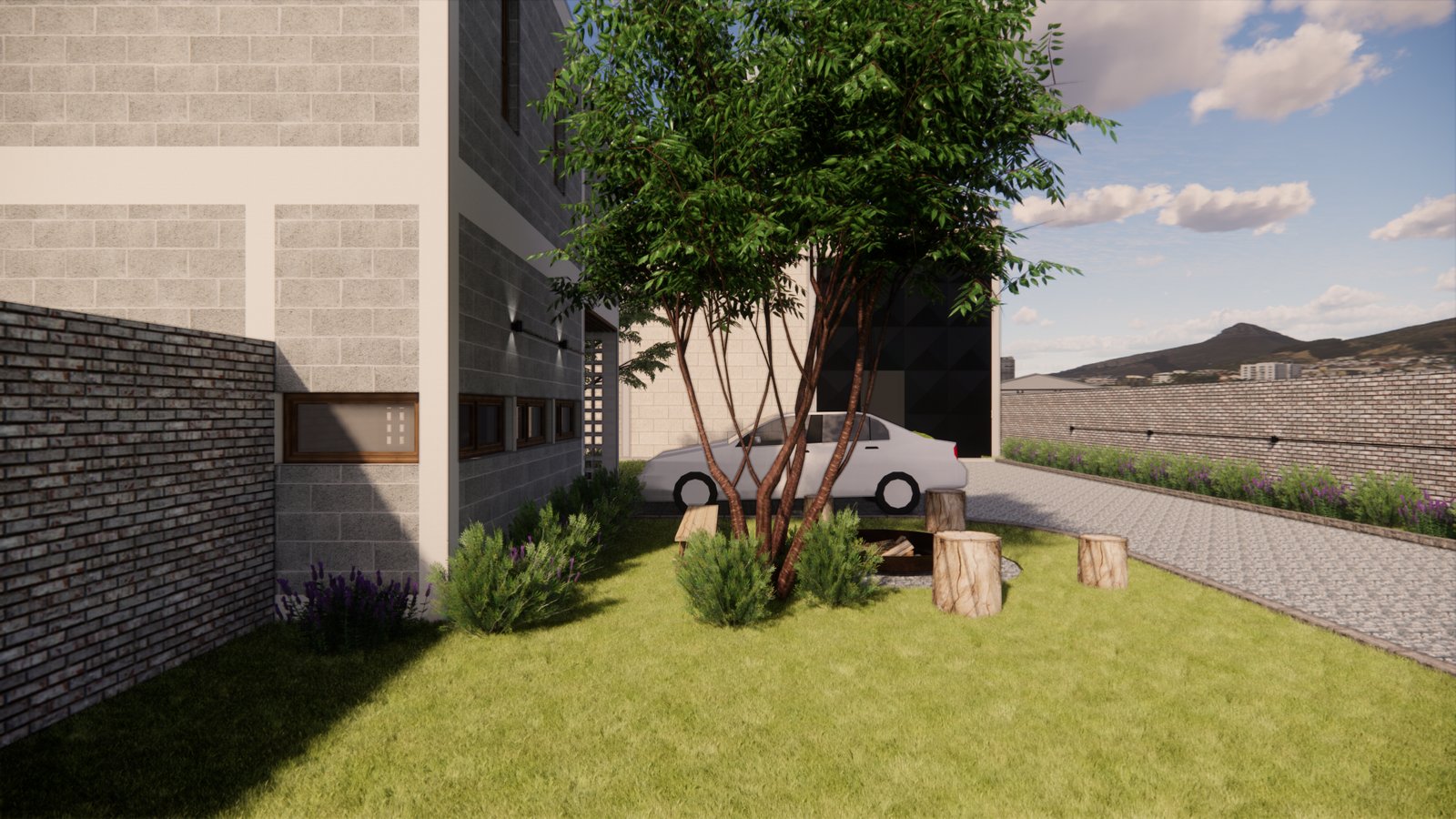 Fachada moderna con ladrillo expuesto y árbol central — proyecto FACHADAS ET, por Todo con A, en Villa del Rosario
