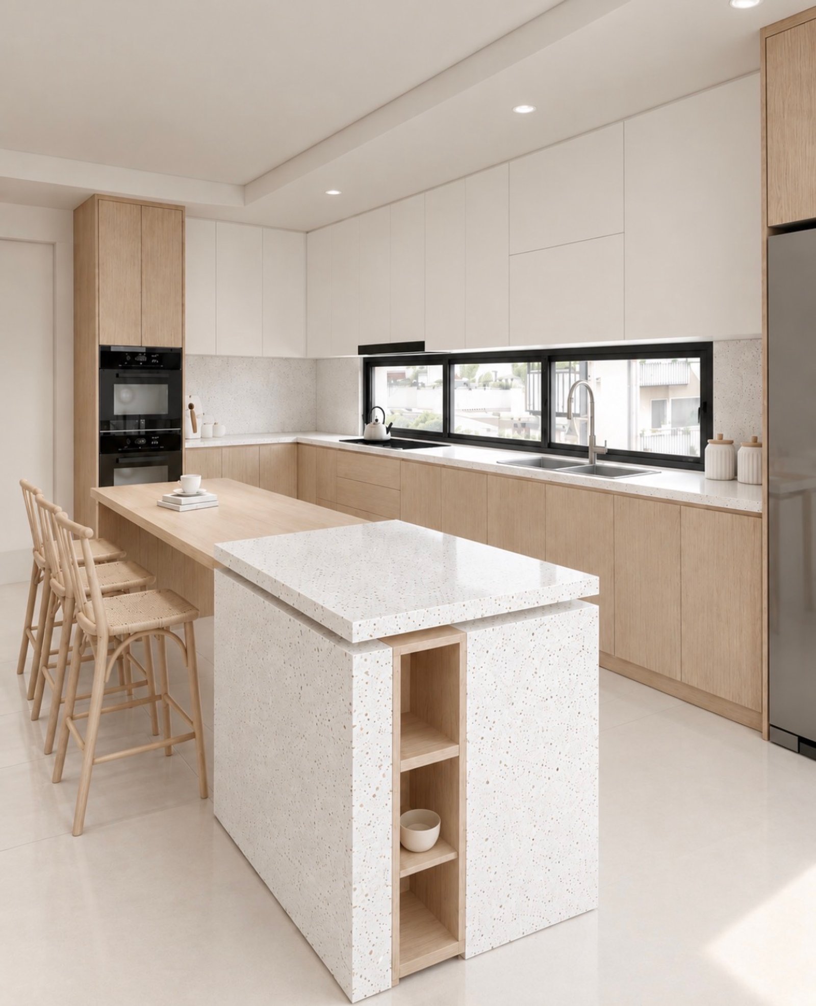 Cocina moderna escandinava con isla de terrazo y ventanal alargado — proyecto Proyecto de cocina integral, La Plata , por Estudio cardo, en Calle 18 776