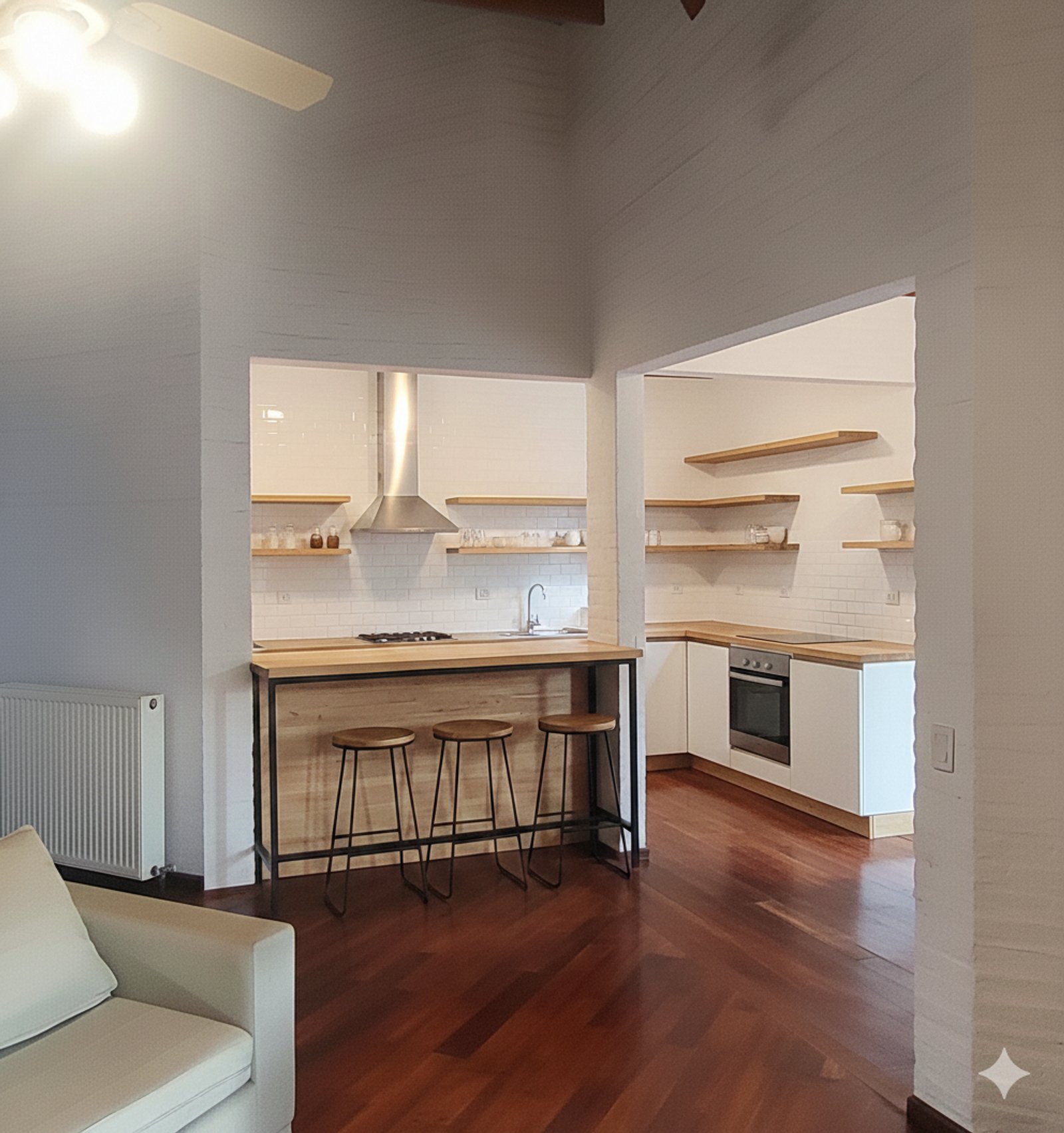 Cocina moderna con isla de madera y ladrillo blanco — proyecto Jocker, por Plasma co, en Ezeiza