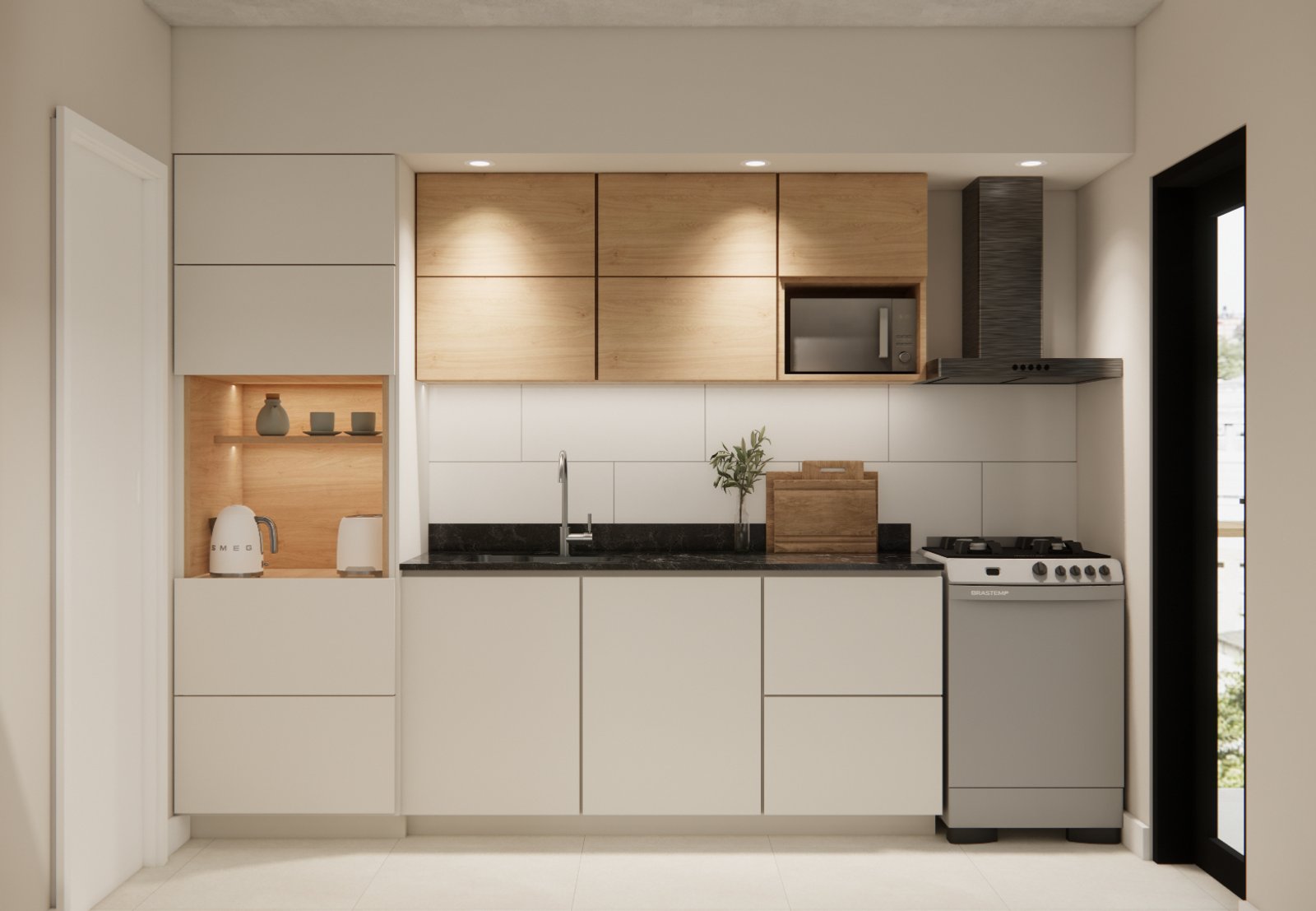 Cozinha moderna escandinava com armários brancos e madeira — projeto Departamento integral, por Mela Deco Design, em Buenos Aires