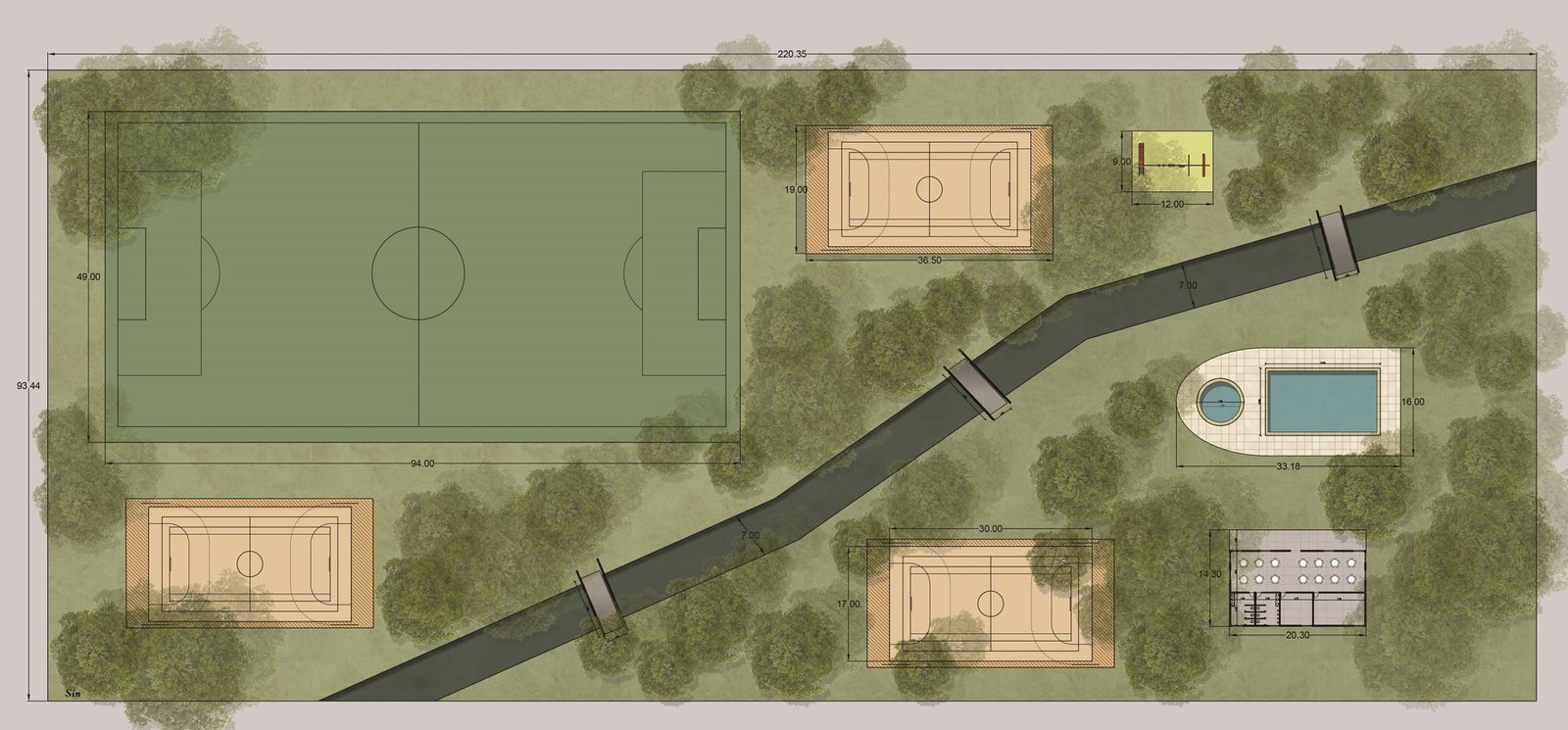 Plano de complejo deportivo exterior con canchas y piscina — proyecto Complejo turístico, sindicato de cerveceros Corrientes., por Arquitecto Gustavo Maidana, en Paso de la Patria
