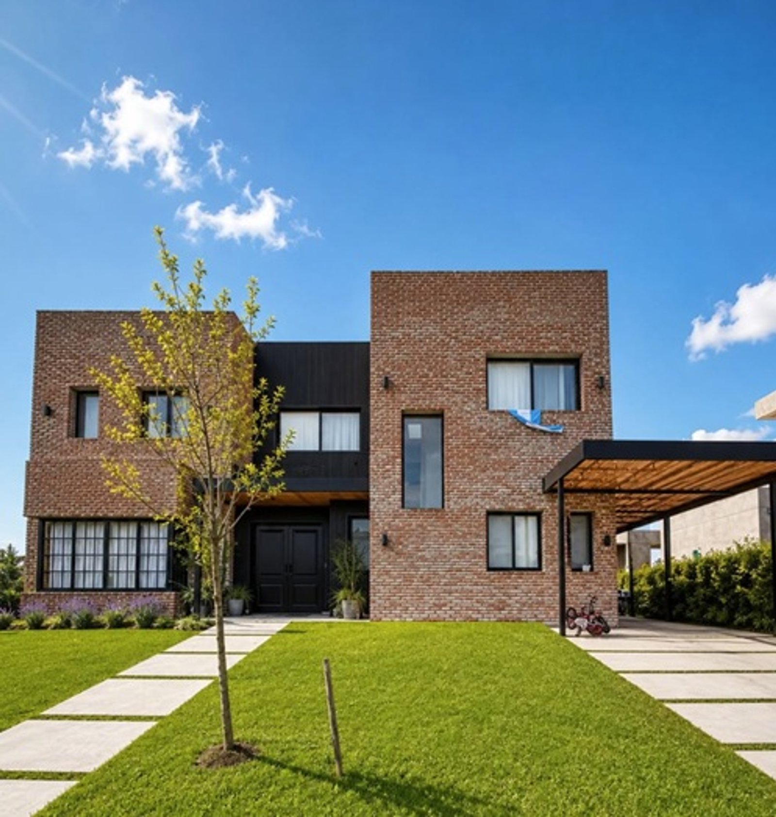 Casa moderna de tijolos com pergolado e jardim em Buenos Aires — projeto CARDOS, por Estudio NET Arquitectura, em Manuel Luis de Oliden