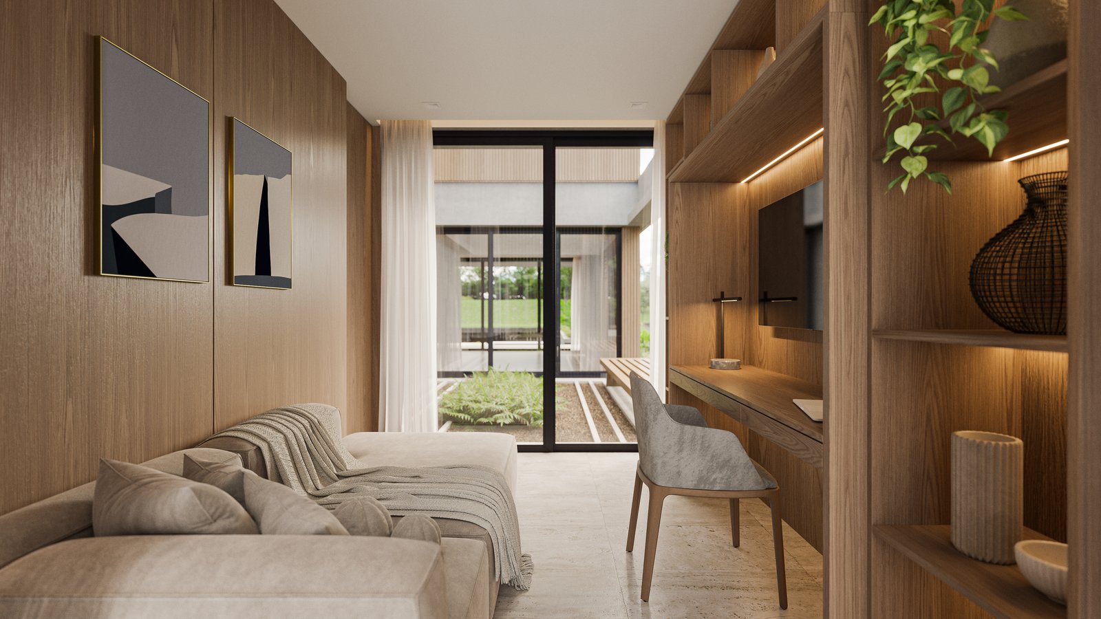 Oficina y sala de estar moderna con paneles de madera — proyecto Casa CALMA, por Grupo CRBN, en Av. de los Lagos 100