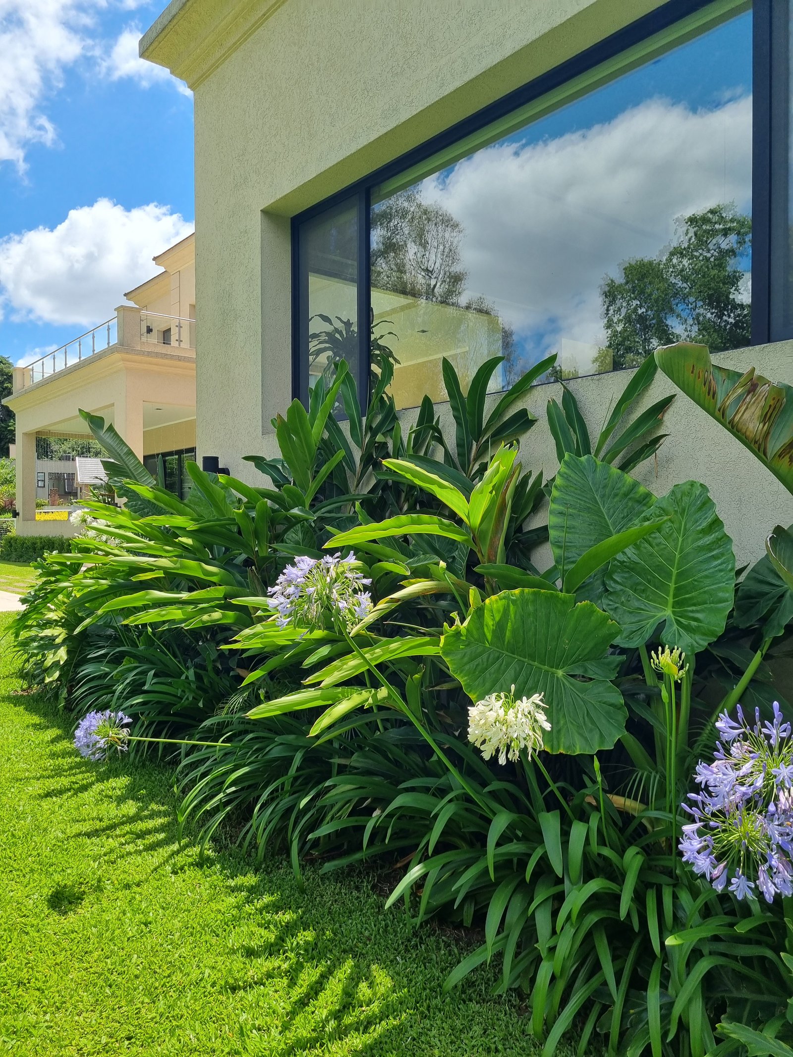 Fachada moderna con gran ventana reflectante y jardín exuberante — proyecto Abril Club de Campo , por Marcela García Brünner Paisajista, en B1885 Guillermo Enrique Hudson