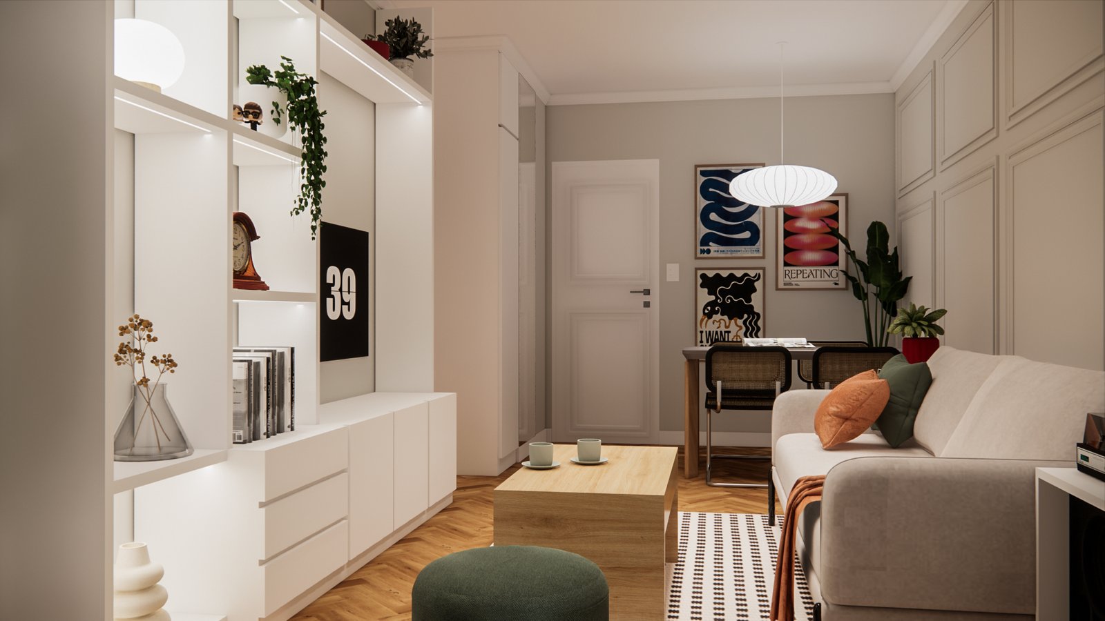 Living moderno escandinavo con estanterías blancas y sofá beige — proyecto Colorida renovación total de casa, por Mela Deco Design, en Buenos Aires