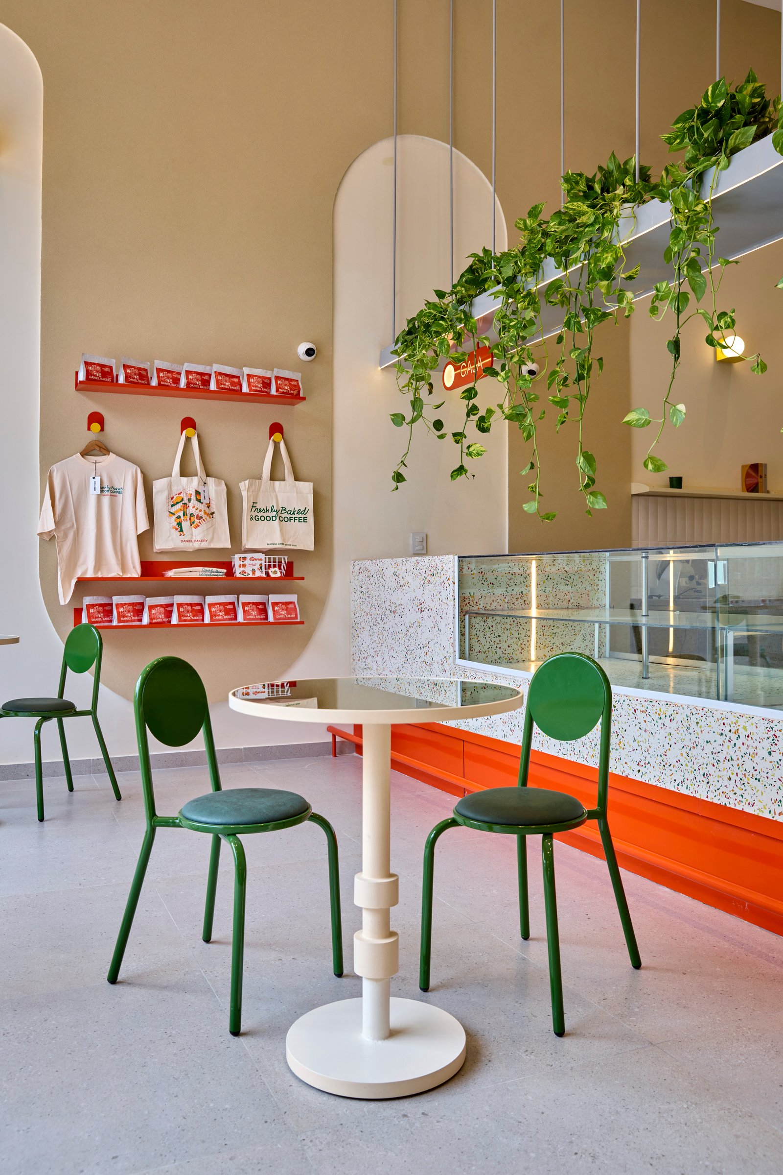 Cafetería moderna con plantas colgantes y sillas verdes vibrantes — proyecto Daniel Bakery, por San Lorenzo Design, en Honduras 5815