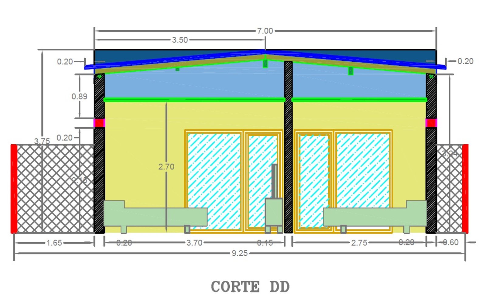Plano arquitectónico de corte transversal de vivienda — proyecto VIVIENDA CARO - LOMA LINDA, por Ingeniero Fernando MARTIN, en Sto Domingo 2905