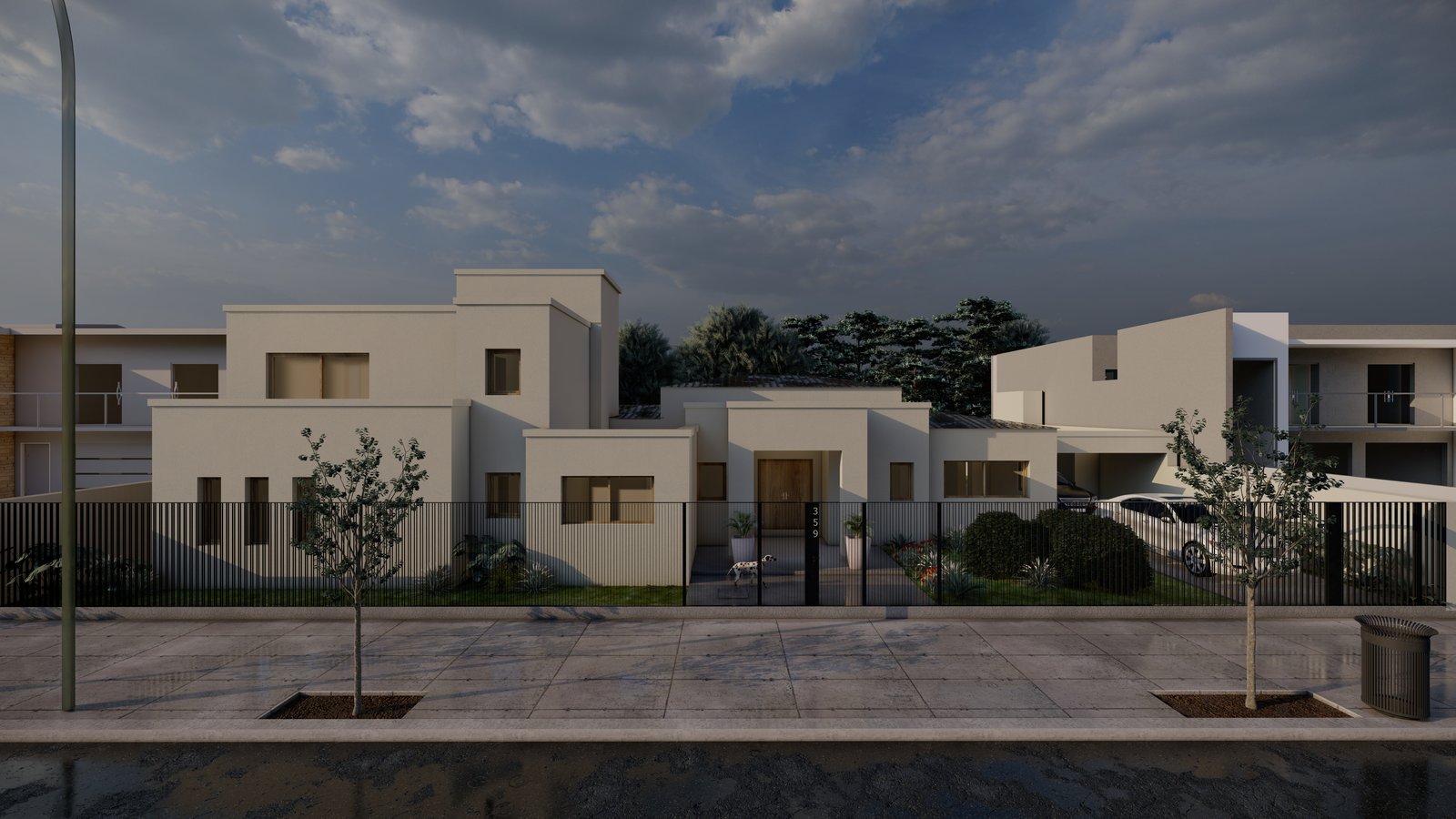 Fachada moderna de casa suburbana com linhas retas e janelas amplas — projeto Casa Rucci, por CREARQ estudio, em La Pampa