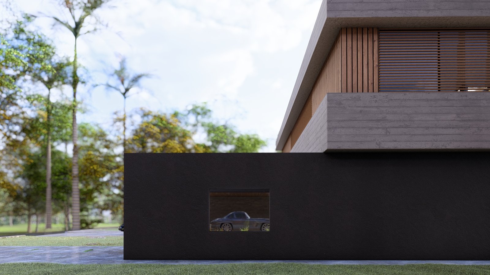fachada moderna de concreto e madeira — projeto Casa ML, por Hermann Arquitectos, em Avenida del Golf s/n