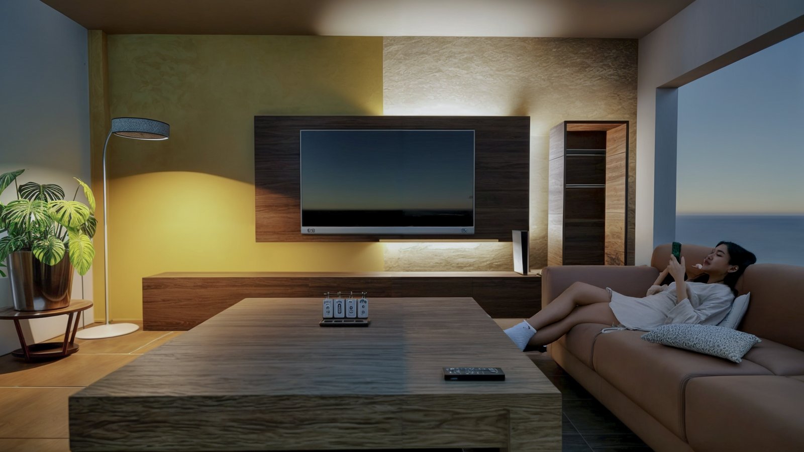 Living moderno con vista al mar, sofá curvo y detalles en madera — proyecto PROYECTO RACK, por TD Interiorismo, en San Fernando del Valle de Catamarca