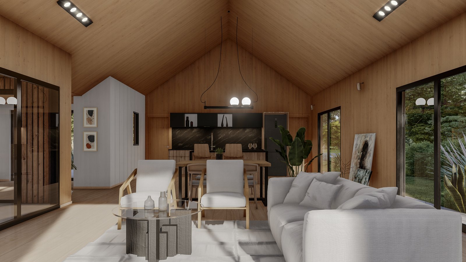Living moderno con techo de madera abovedado y grandes ventanales — proyecto Nordic House Yakisugi, por Grupo Steimberg , en San Carlos de Bariloche