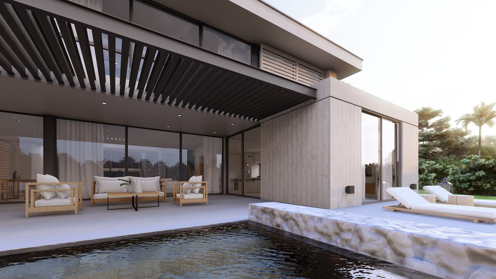 Espacio moderno exterior con pileta y zona de estar — proyecto Casa BF, por Hermann Arquitectos, en Nordelta