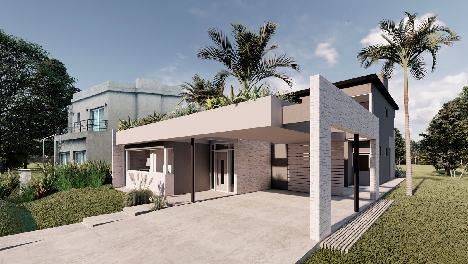 Fachada moderna con hormigón blanco, madera y grandes ventanales — proyecto Casa SuAl, por Arquitecto, en Blas Parera 1300