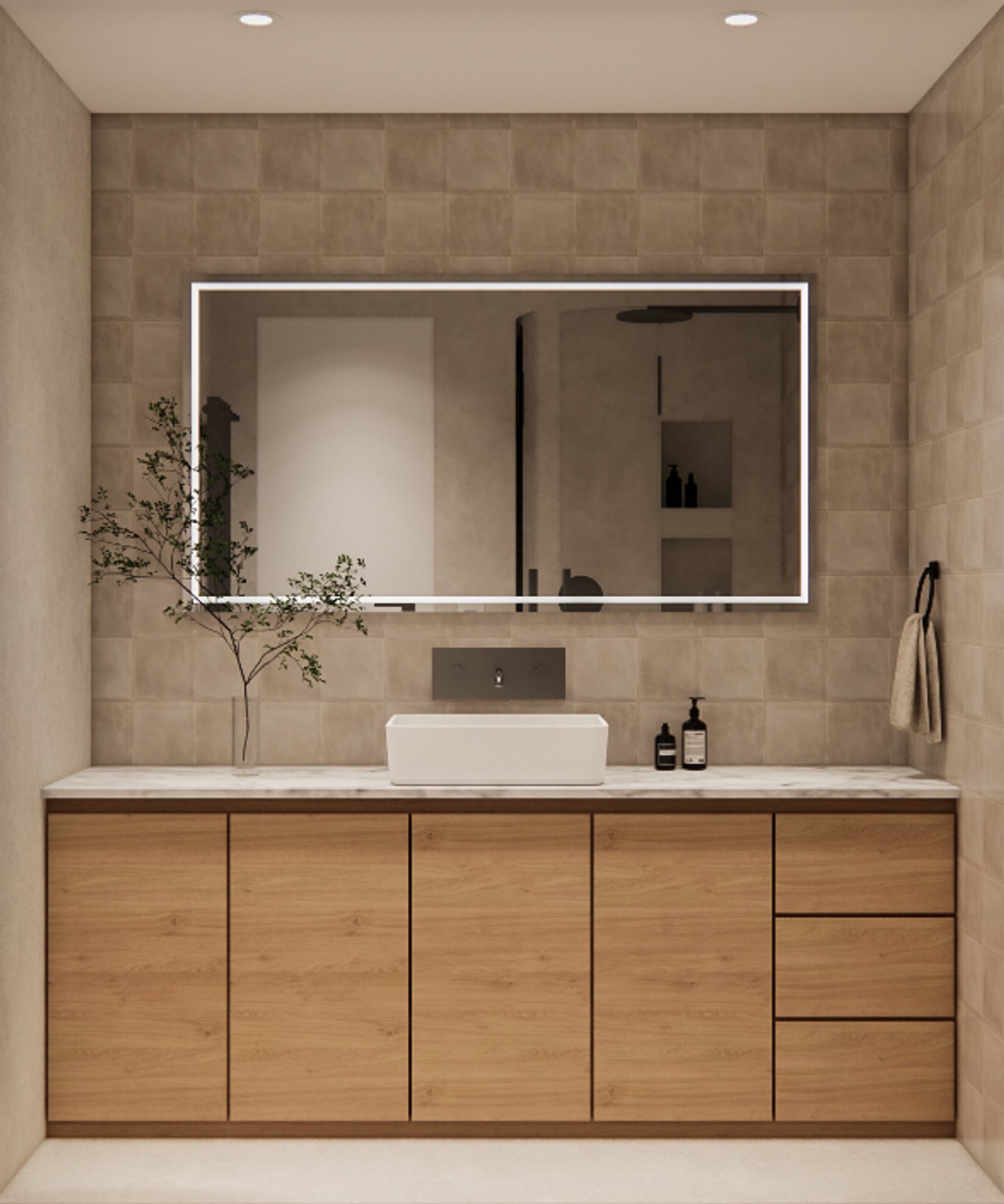 Baño moderno con vanitory de madera, espejo iluminado y azulejos geométricos — proyecto Casa de familia moderna con vista al mar, por Mela Deco Design, en Punta del Este
