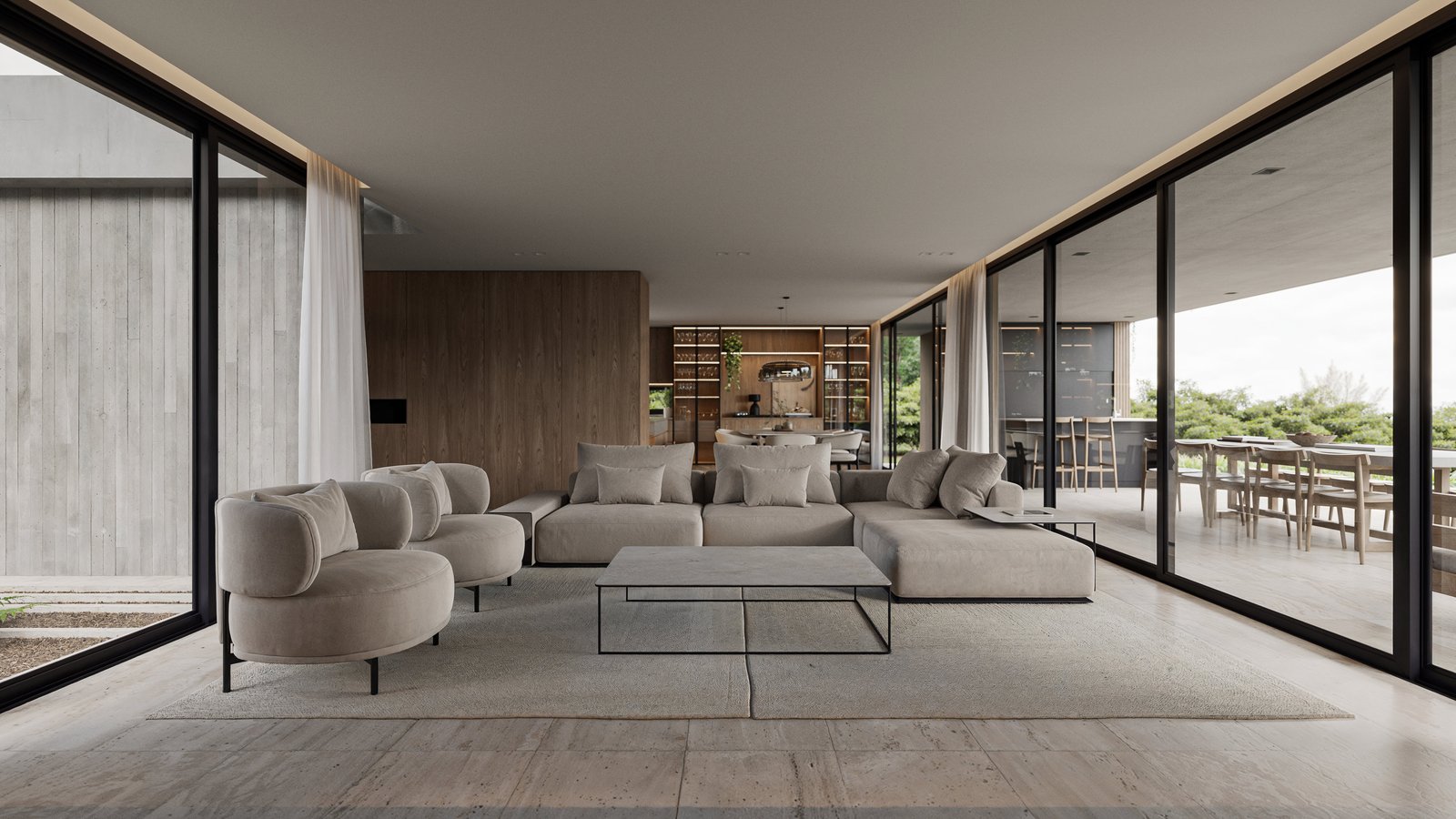 Living moderno con ventanales amplios y sofá modular beige — proyecto Casa CALMA, por Grupo CRBN, en Av. de los Lagos 100