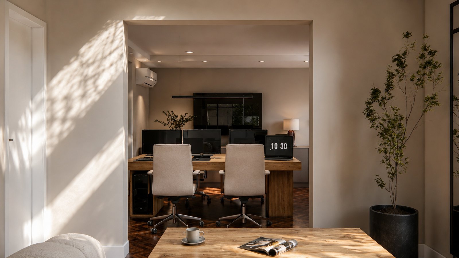 espacio de oficina moderno abierto integrado a sala de estar — proyecto Diseño de oficina, agencia de turismo boutique, por Mela Deco Design, en Montevideo