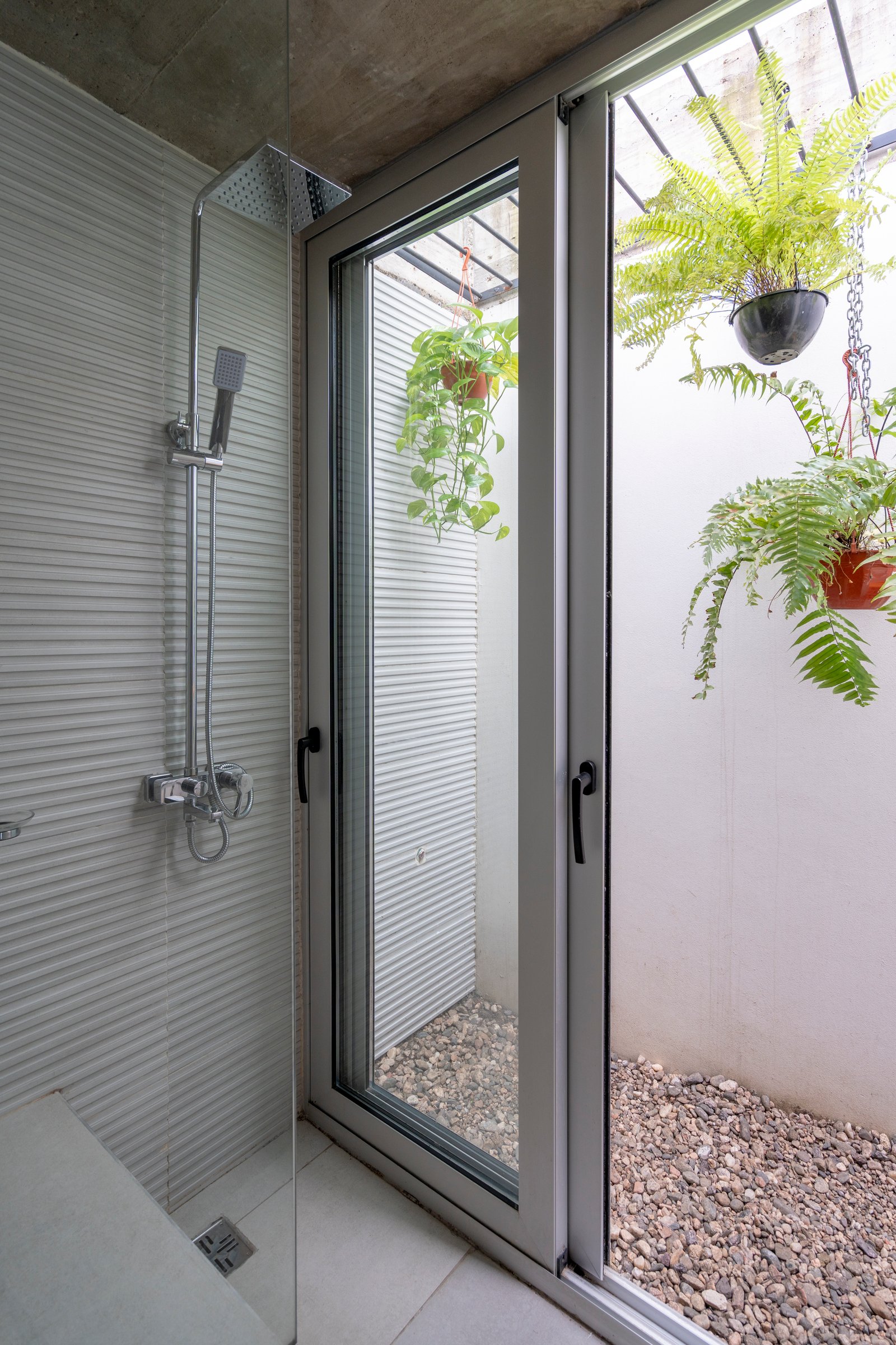 Baño moderno semi-exterior con plantas colgantes y puerta de vidrio — proyecto CASA CHI, por Sol Blanc. arquitecta, en Córdoba
