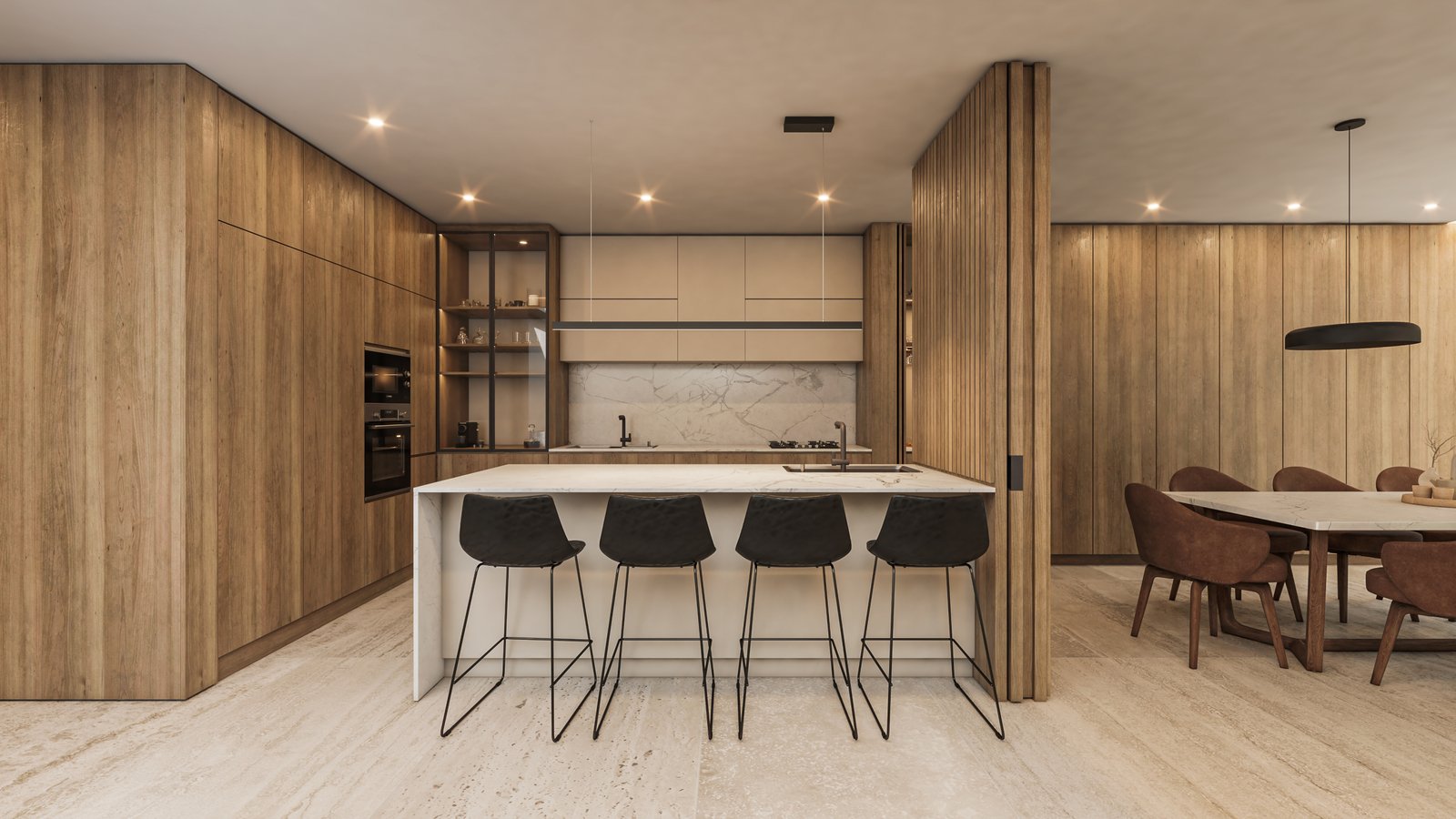 Cocina moderna con isla y revestimiento de madera — proyecto Casa CITY, por Grupo CRBN, en City Bell