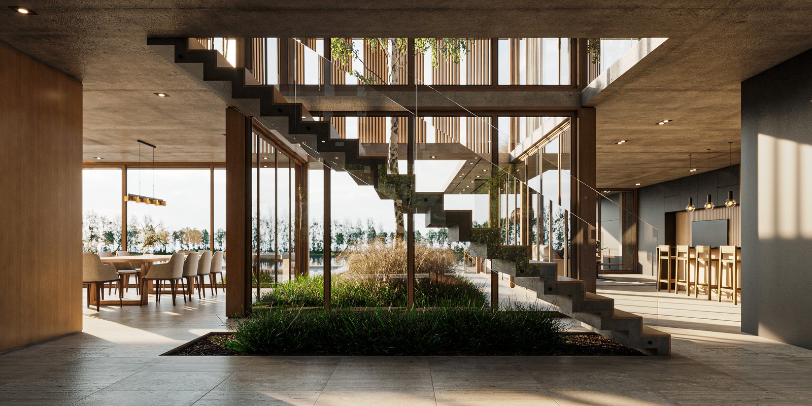 Atrio moderno con jardín interior y escalera flotante — proyecto Casa BRIDGE, por Grupo CRBN, en Av. de los Lagos 1815