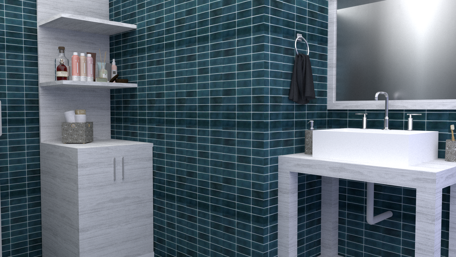 Baño moderno con revestimiento azul, lavabo blanco y mueble de madera — proyecto Reforma de baño, por CZ.Interiores, en Almagro
