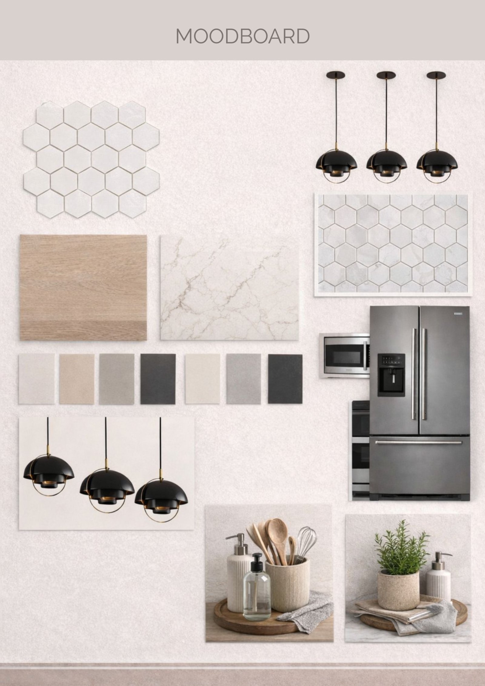 Moodboard de cocina moderna con azulejos hexagonales, madera y electrodomésticos — proyecto Reforma cocina , por Inva interiorismo, en B7609 Santa Clara del Mar
