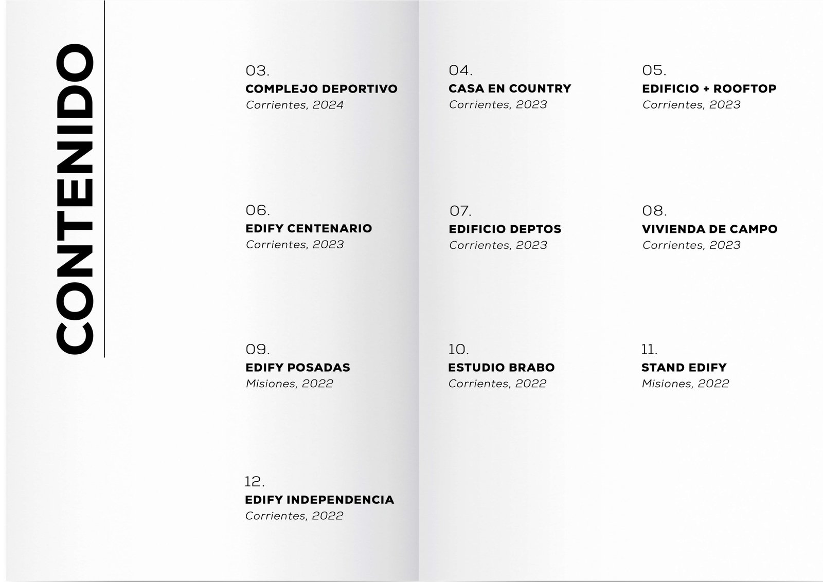 Índice de contenidos de proyectos arquitectónicos y de interiorismo — proyecto Portfolio de Obras 2022/25, por Arquitecto Gustavo Maidana, en Corrientes