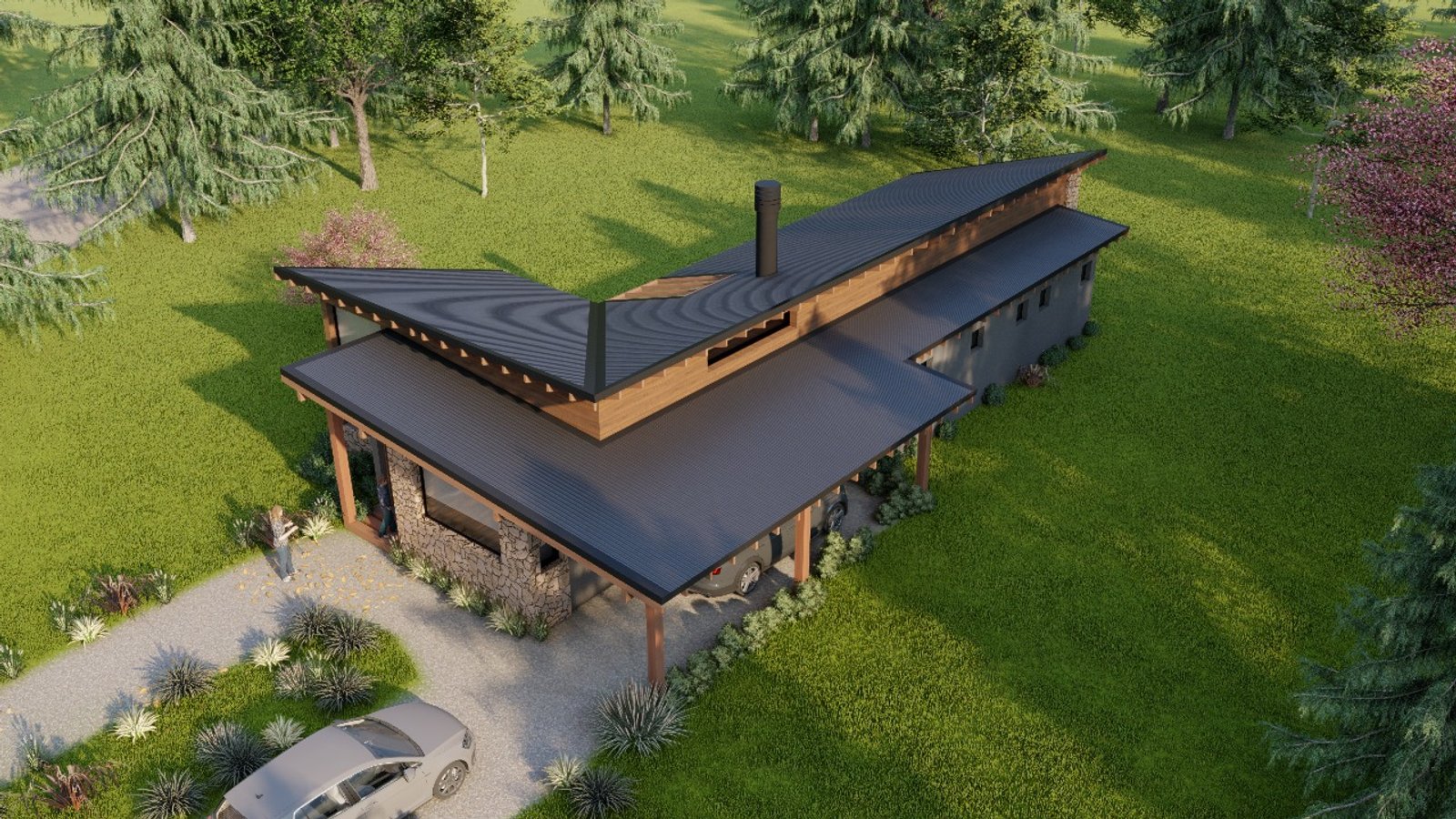casa moderna en bosque con techo angular y piedra — proyecto Casa Arcoiris, por Arquitecta Grace Overgaard, en Acceso Al Challhuaco